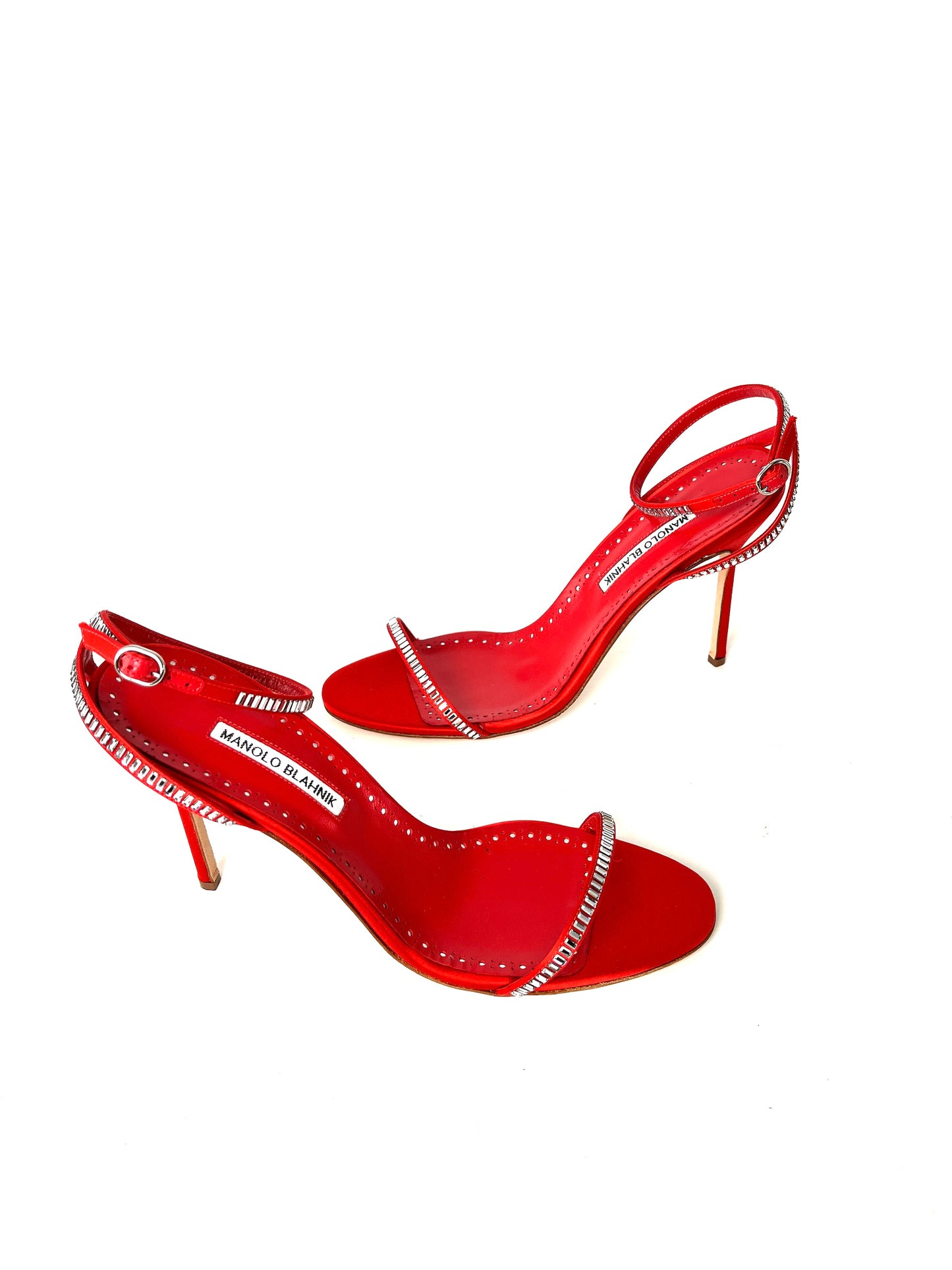 New Manolo Blahnik Crinastra Red Rhinestone Satin Sandals 42 11.5