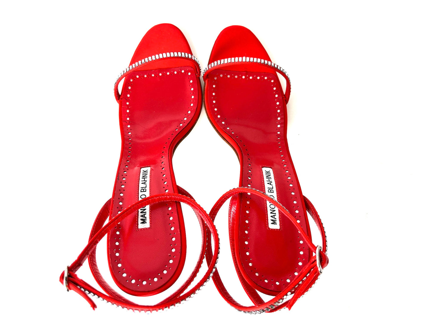 New Manolo Blahnik Crinastra Red Rhinestone Satin Sandals 42 11.5