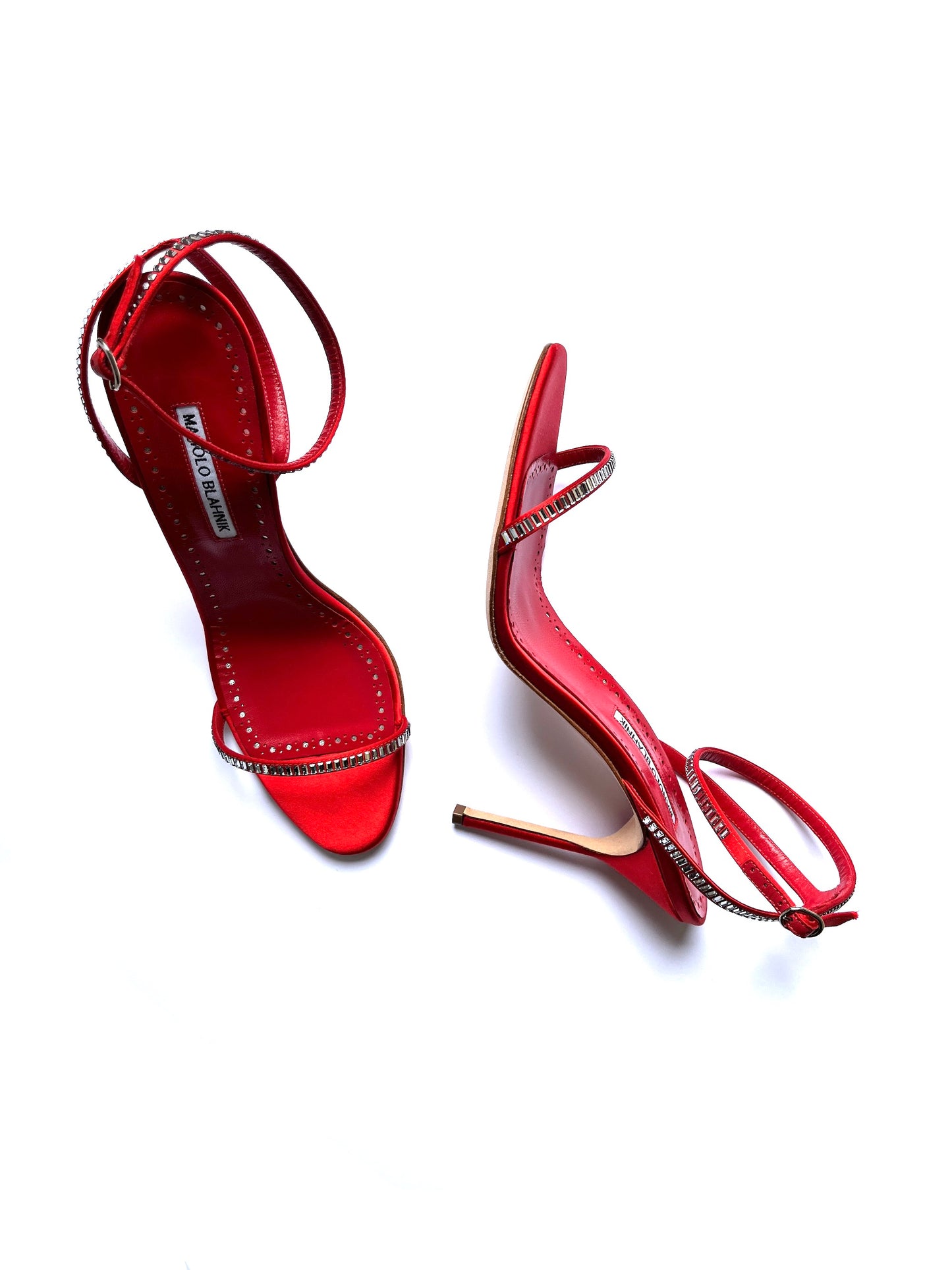 New Manolo Blahnik Crinastra Red Rhinestone Satin Sandals 42 11.5