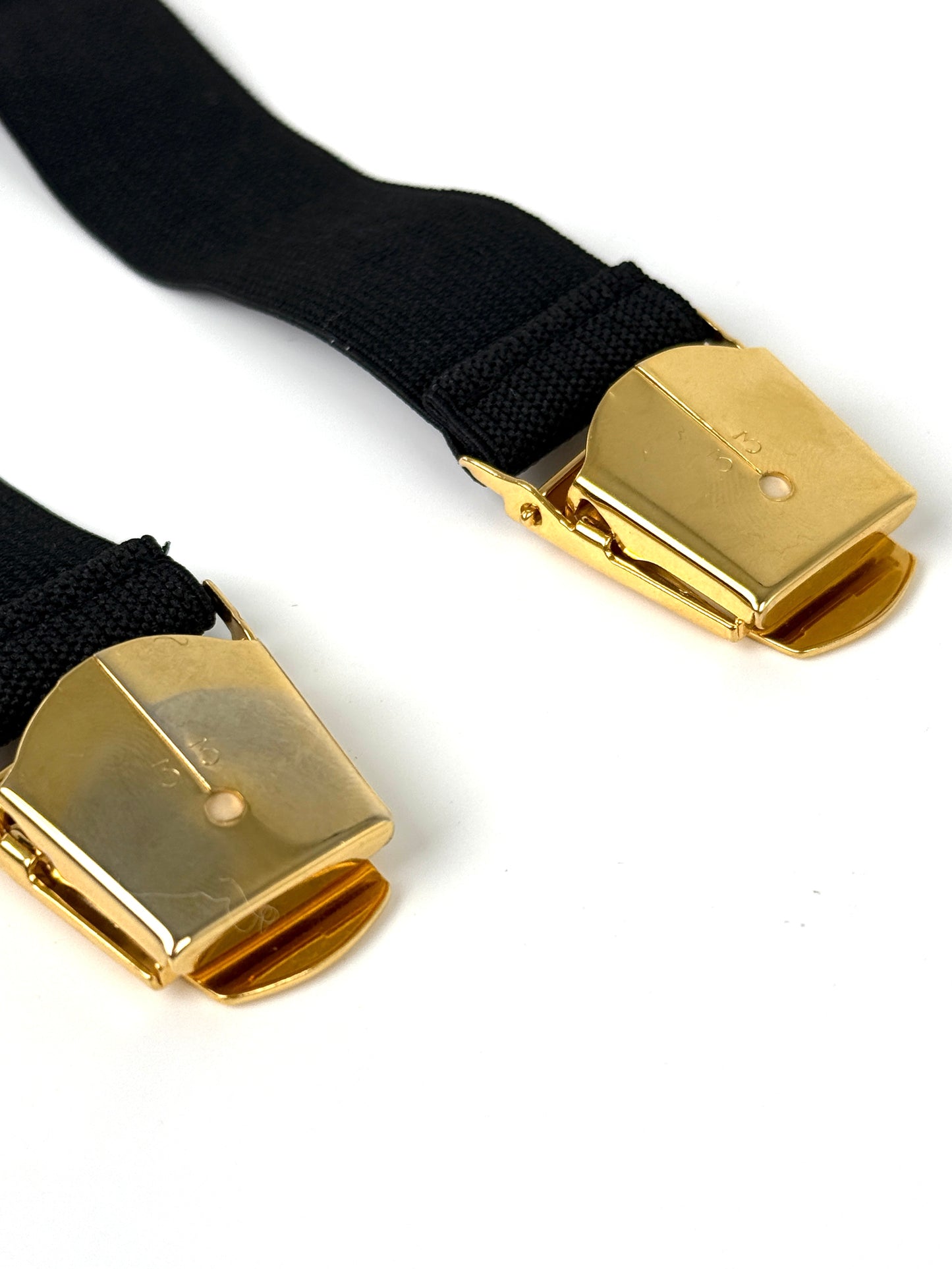 CHANEL 2 Logo Sweater Sleeve Garters Suspenders Elastic Black Gold Tone Clip