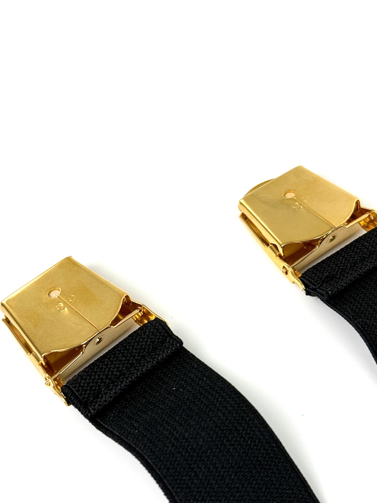 CHANEL 2 Logo Sweater Sleeve Garters Suspenders Elastic Black Gold Tone Clip