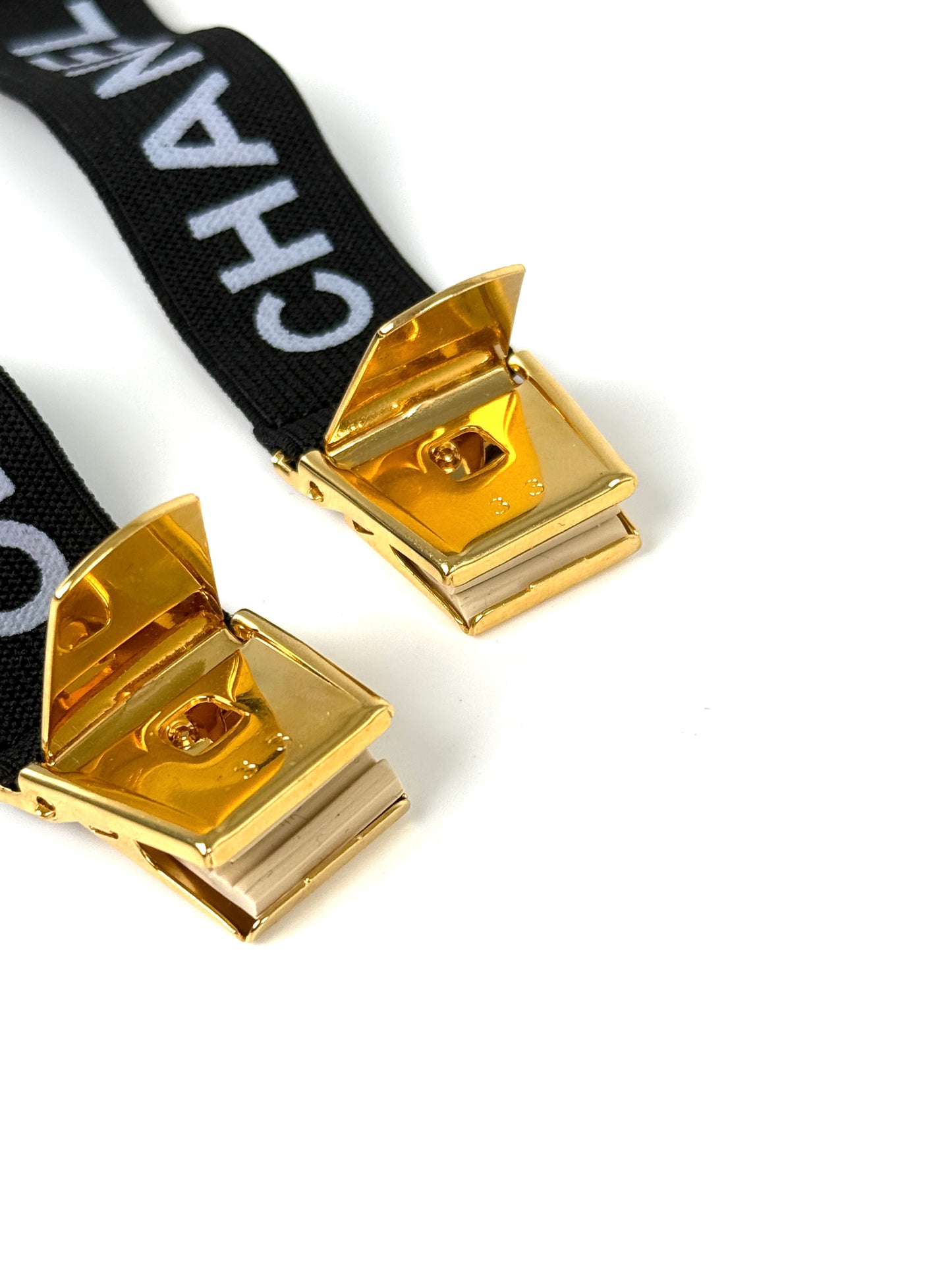 CHANEL 2 Logo Sweater Sleeve Garters Suspenders Elastic Black Gold Tone Clip