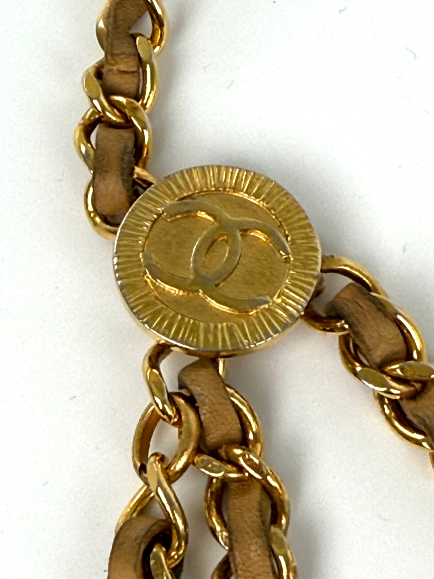 Vintage CHANEL Gold Chain Link Beige Leather 1984 CC Belt