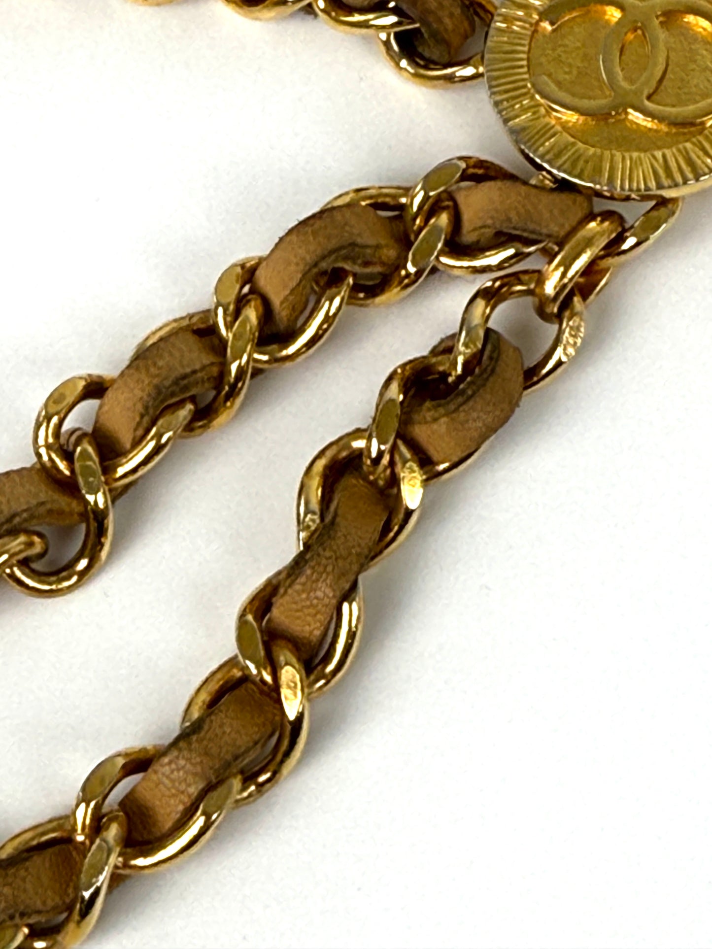 Vintage CHANEL Gold Chain Link Beige Leather 1984 CC Belt