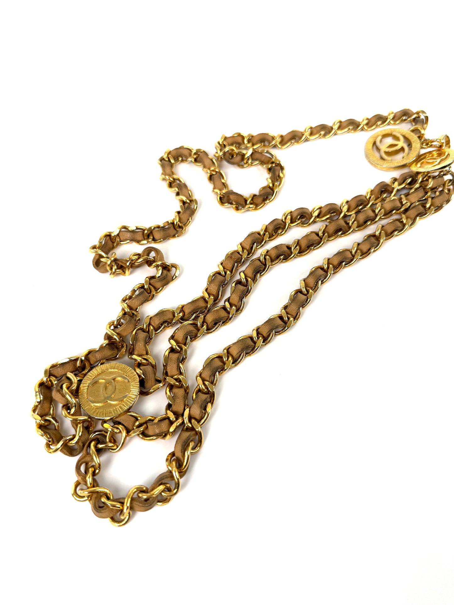 Vintage CHANEL Gold Chain Link Beige Leather 1984 CC Belt
