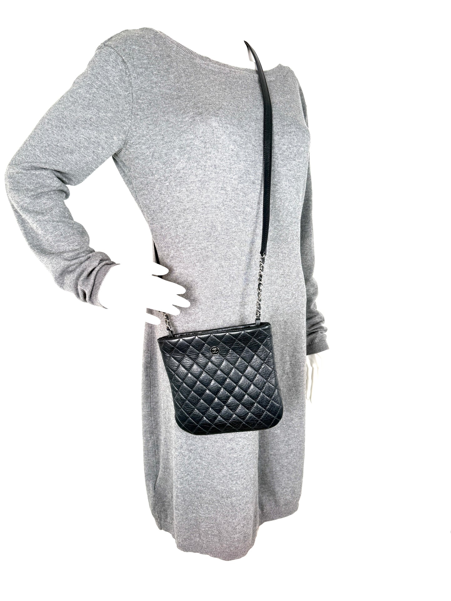 CHANEL Aged Calfskin CC Quilted Uniform Crossbody Black Bag