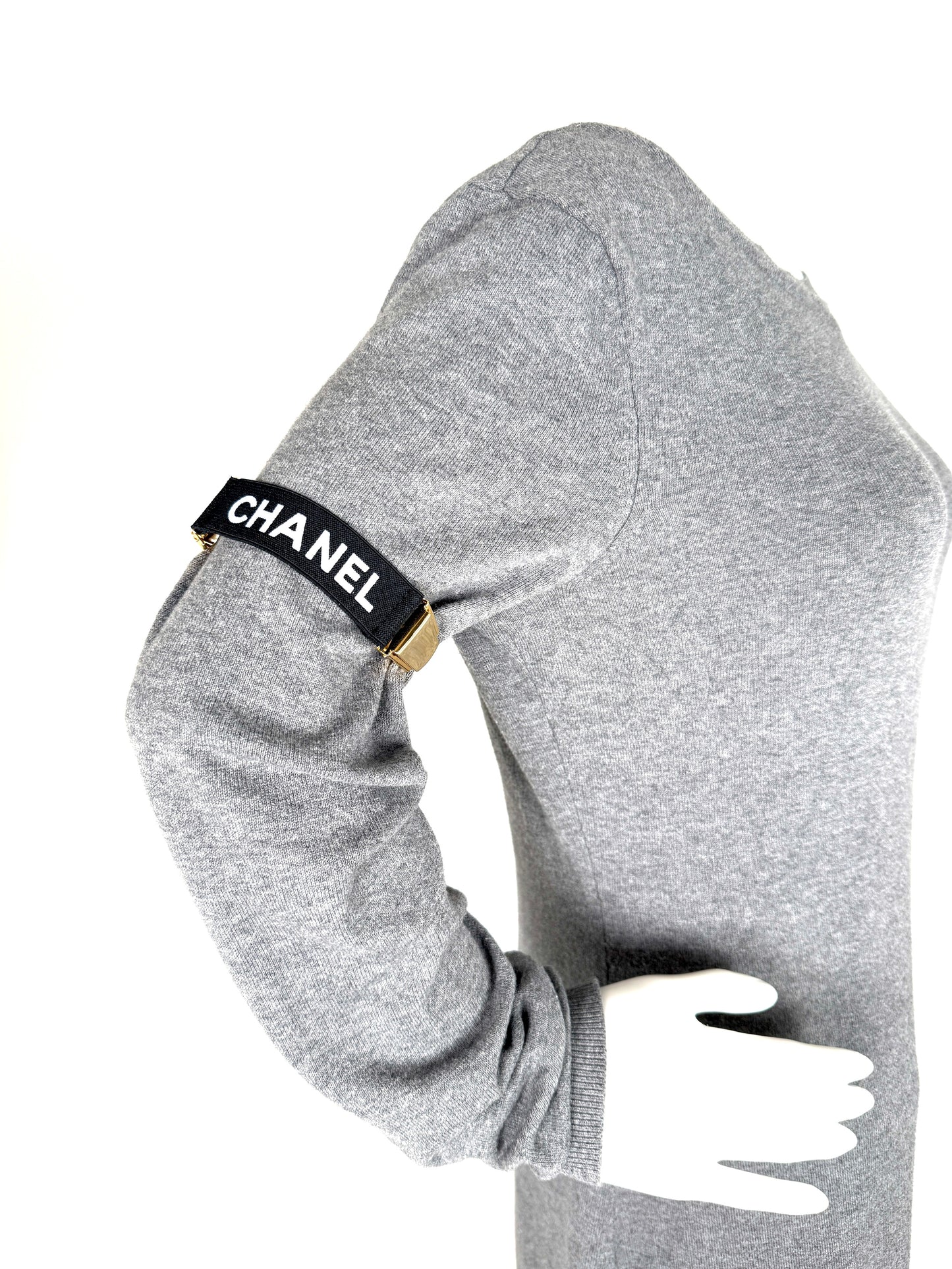 CHANEL 2 Logo Sweater Sleeve Garters Suspenders Elastic Black Gold Tone Clip