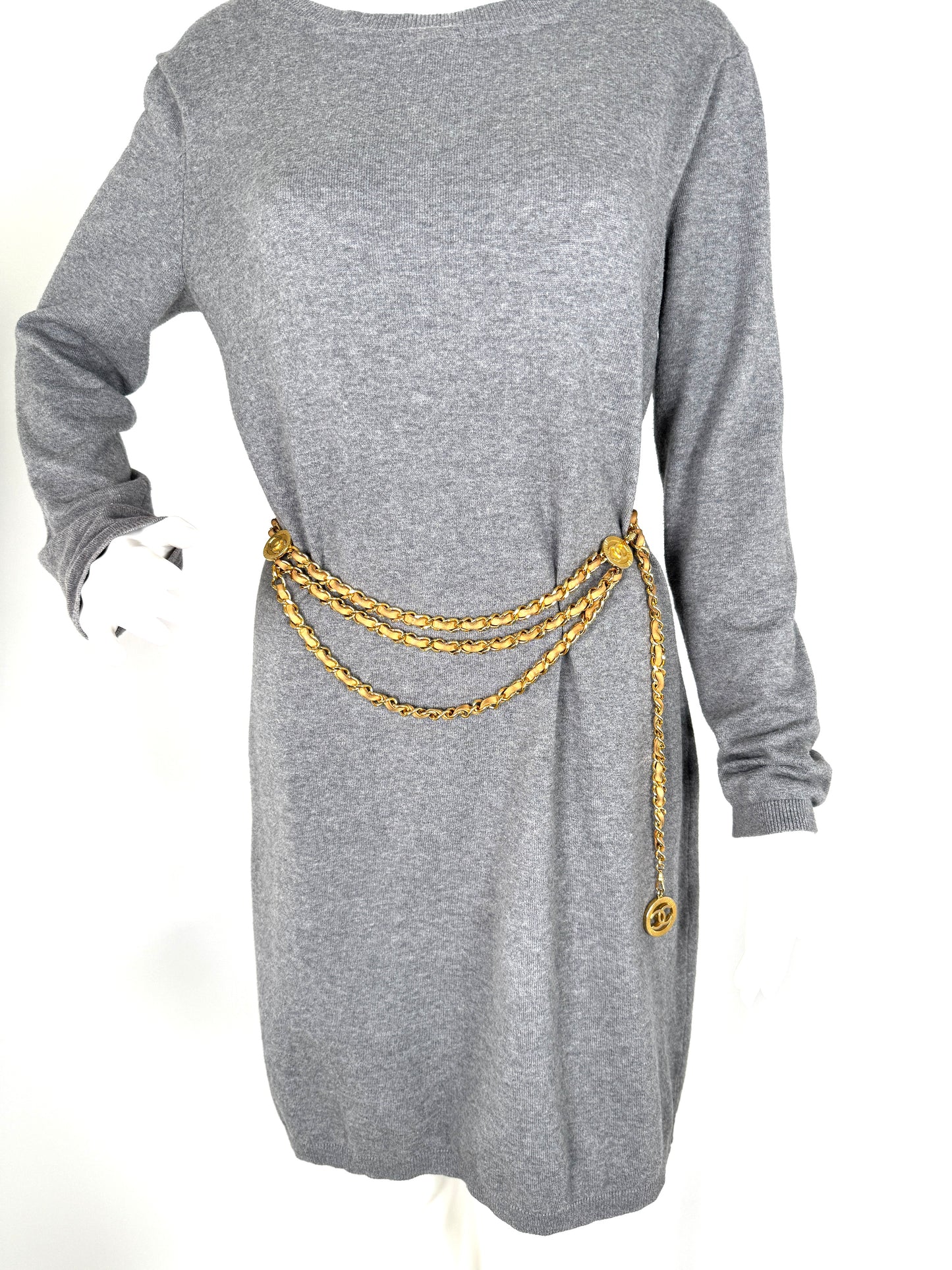 Vintage CHANEL Gold Chain Link Beige Leather 1984 CC Belt