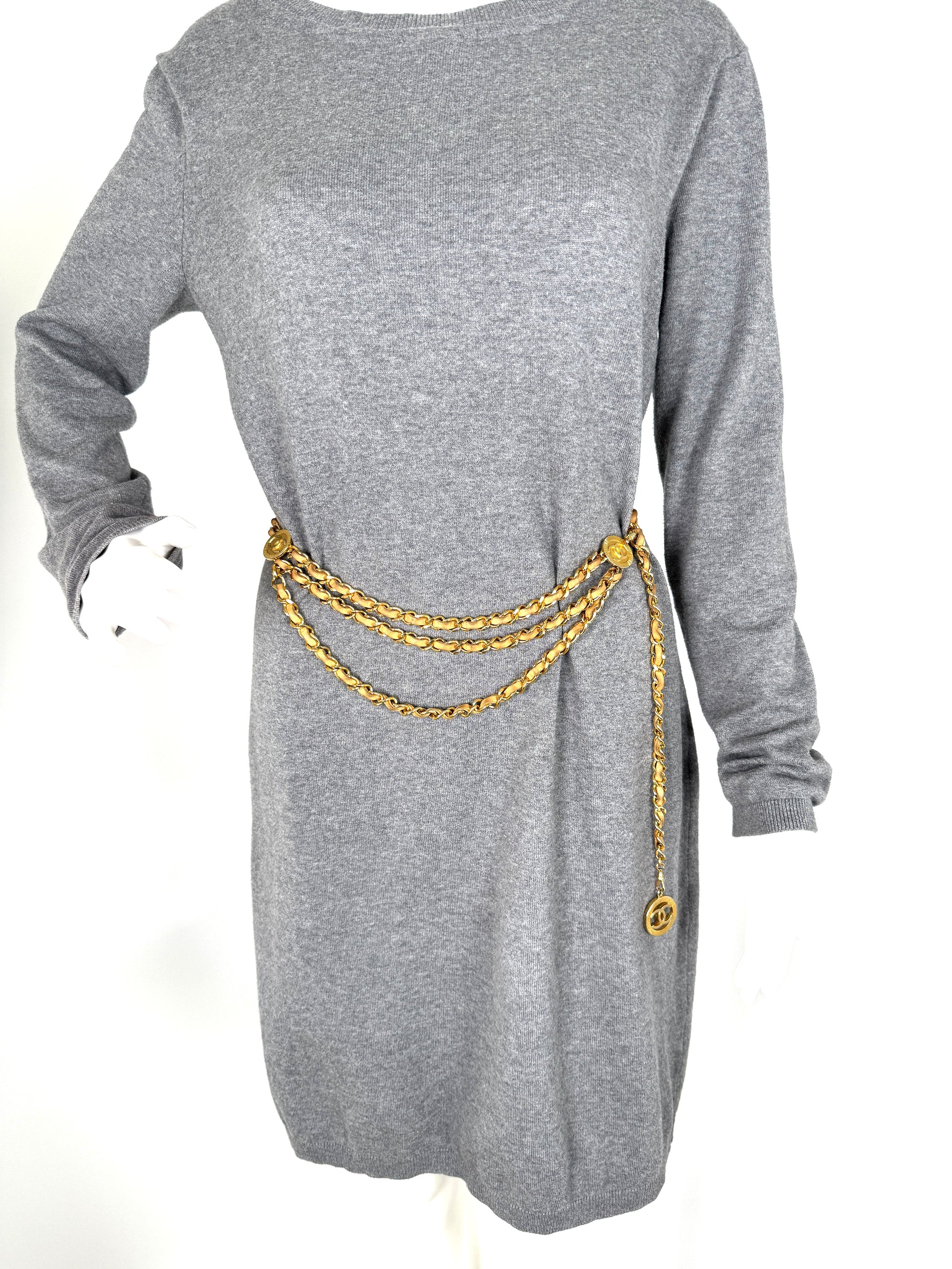 Vintage CHANEL Gold Chain Link Beige Leather 1984 CC Belt
