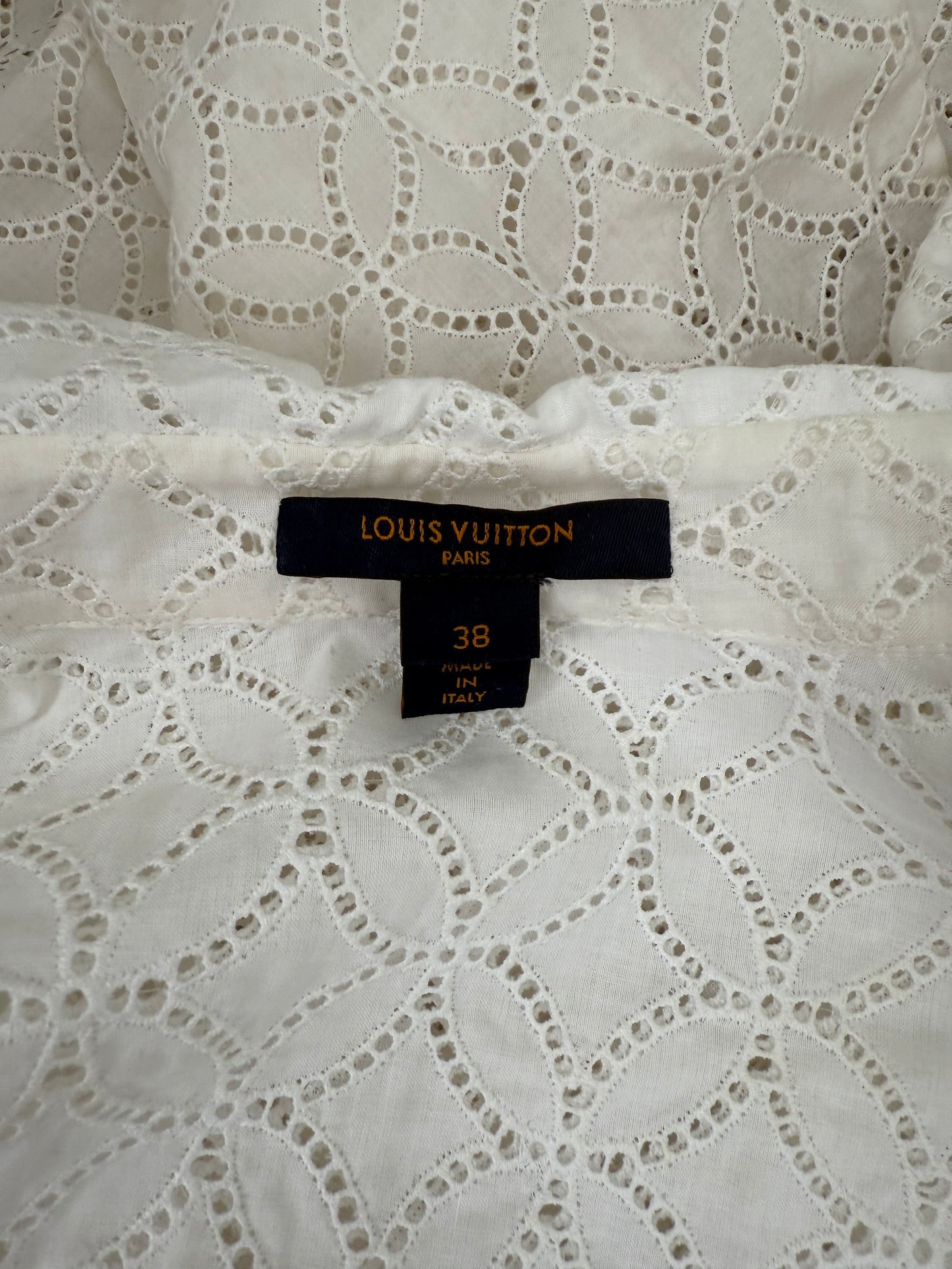 LOUIS VUITTON White Eyelet Long Sleeve Collared Shirt Belted Knee Length Dress 38 6