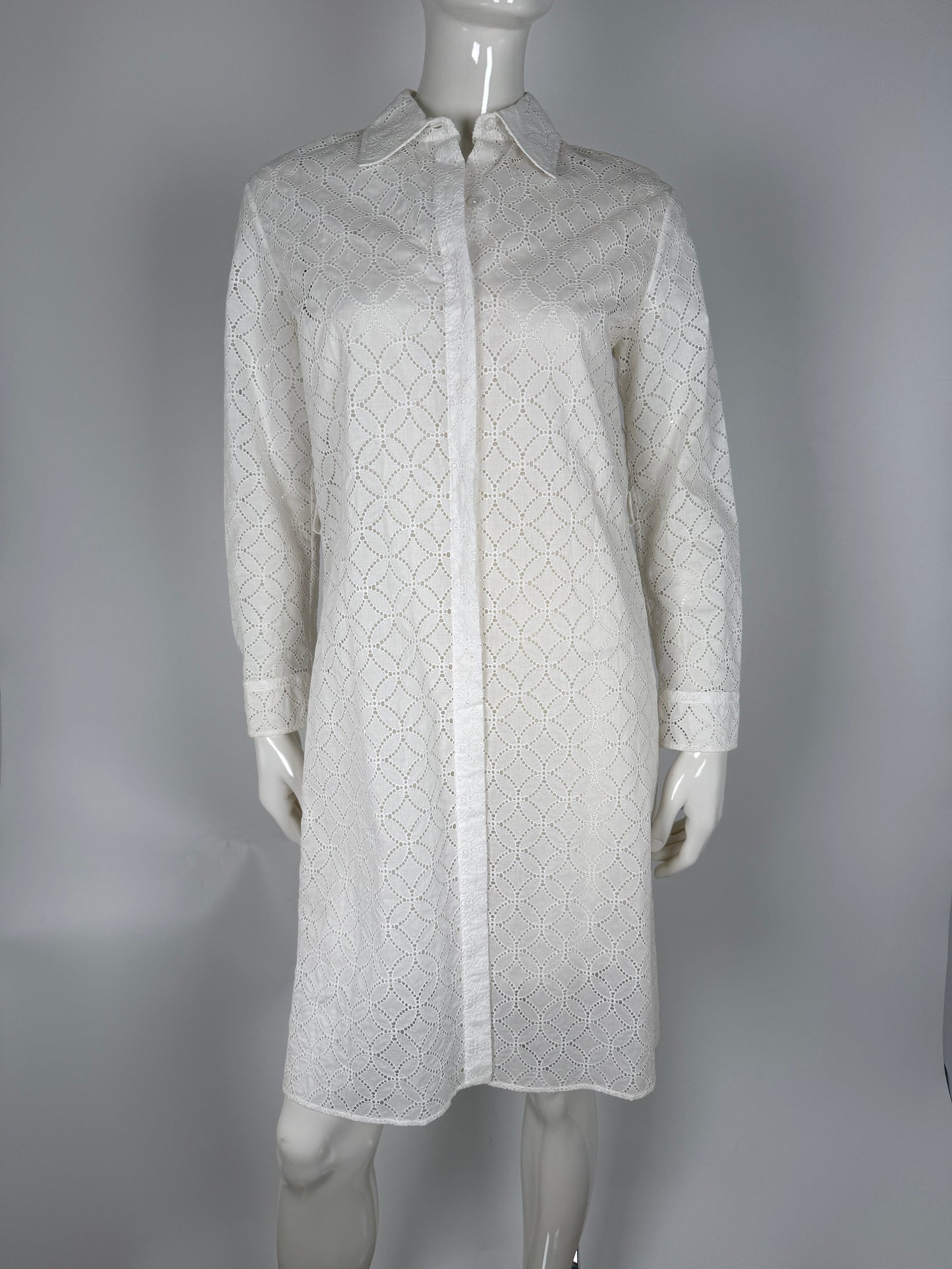 LOUIS VUITTON White Eyelet Long Sleeve Collared Shirt Belted Knee Length Dress 38 6