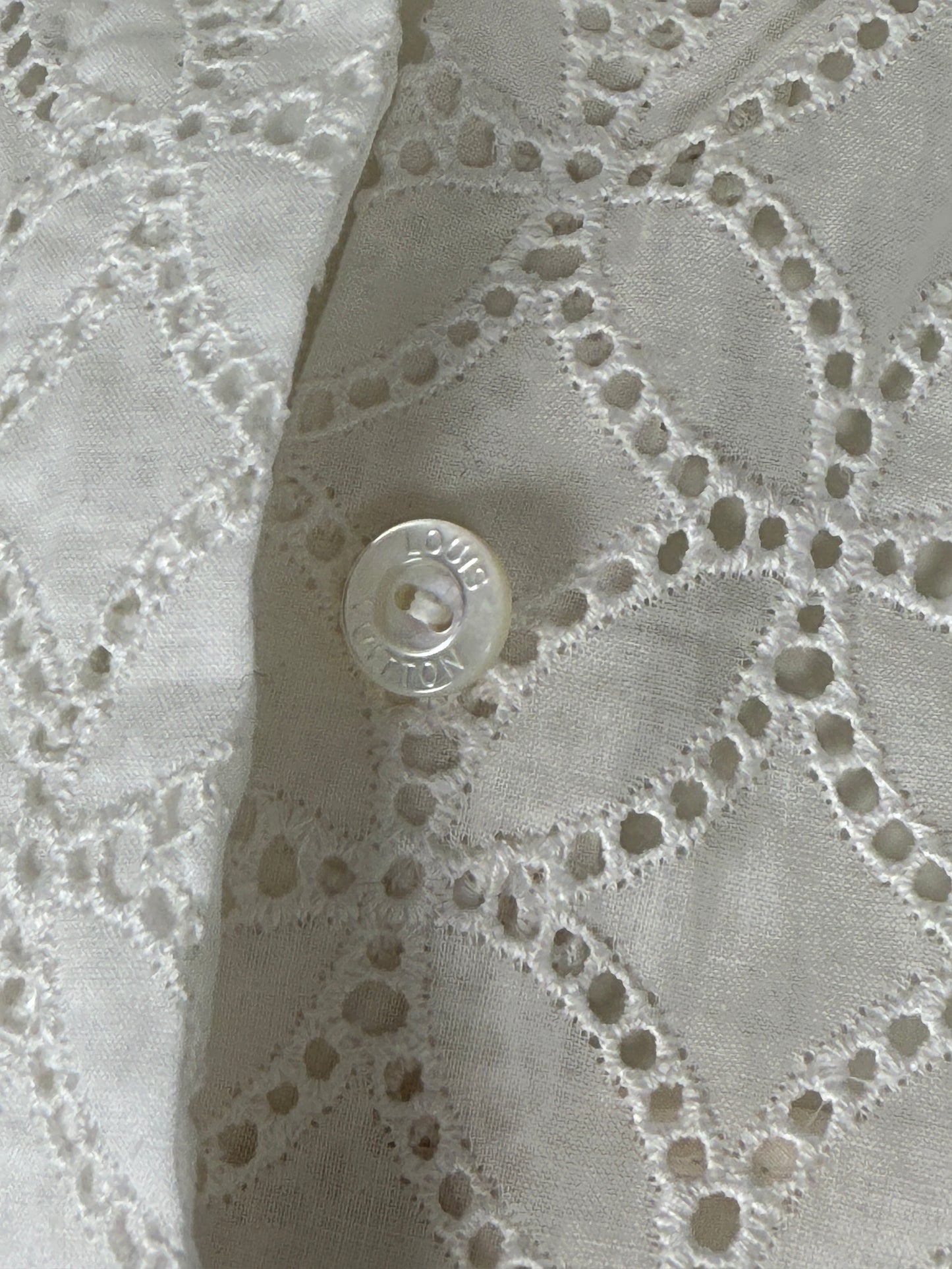 LOUIS VUITTON White Eyelet Long Sleeve Collared Shirt Belted Knee Length Dress 38 6