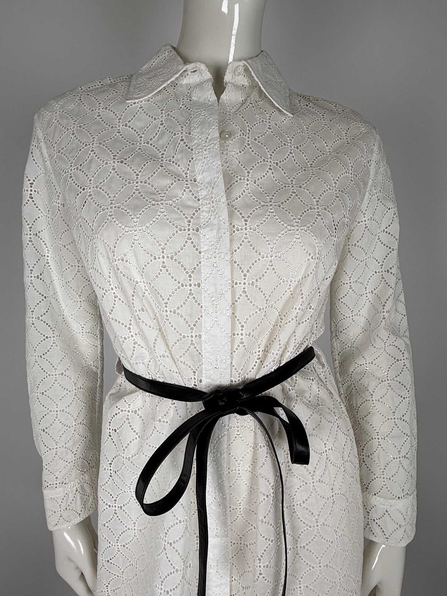 LOUIS VUITTON White Eyelet Long Sleeve Collared Shirt Belted Knee Length Dress 38 6