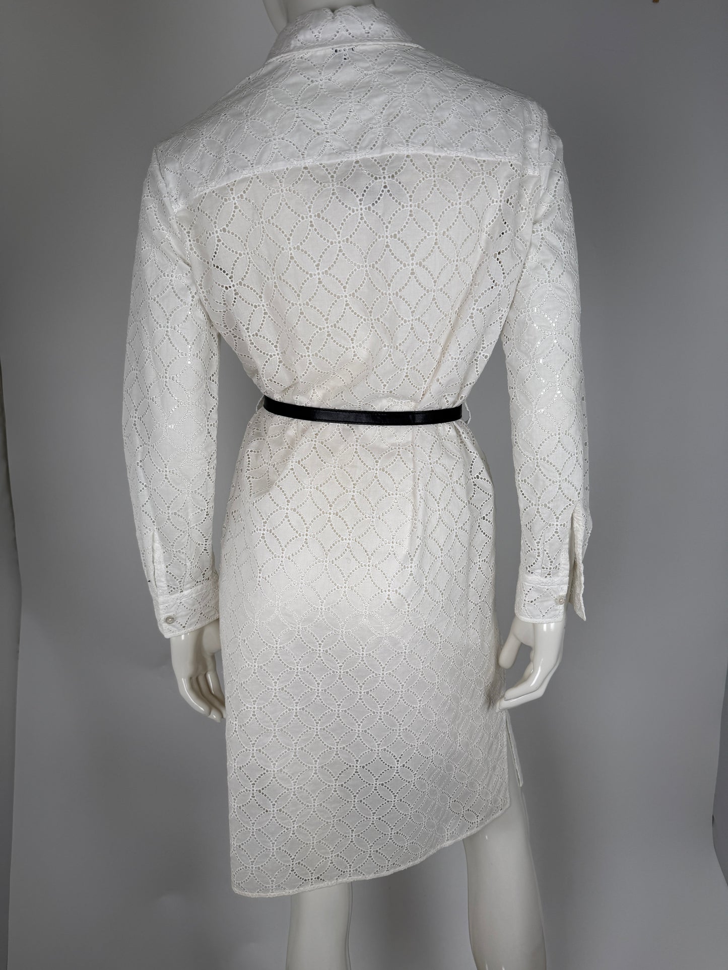 LOUIS VUITTON White Eyelet Long Sleeve Collared Shirt Belted Knee Length Dress 38 6