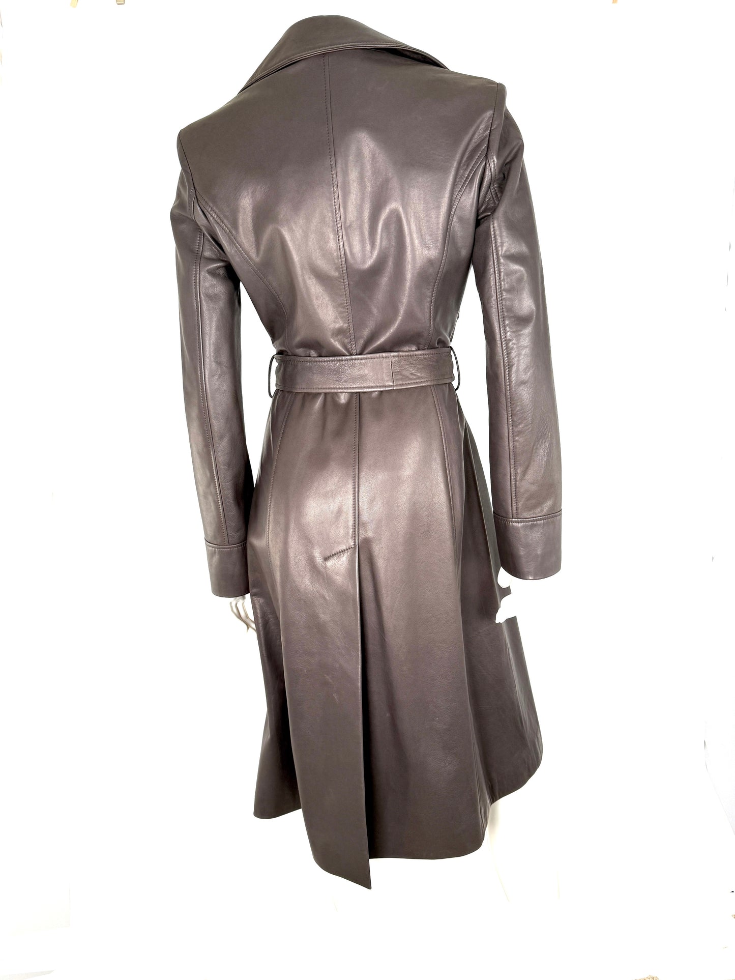NWT Dolce & Gabbana Brown Long Collared Belted Long Leather Coat Jacket 40 4