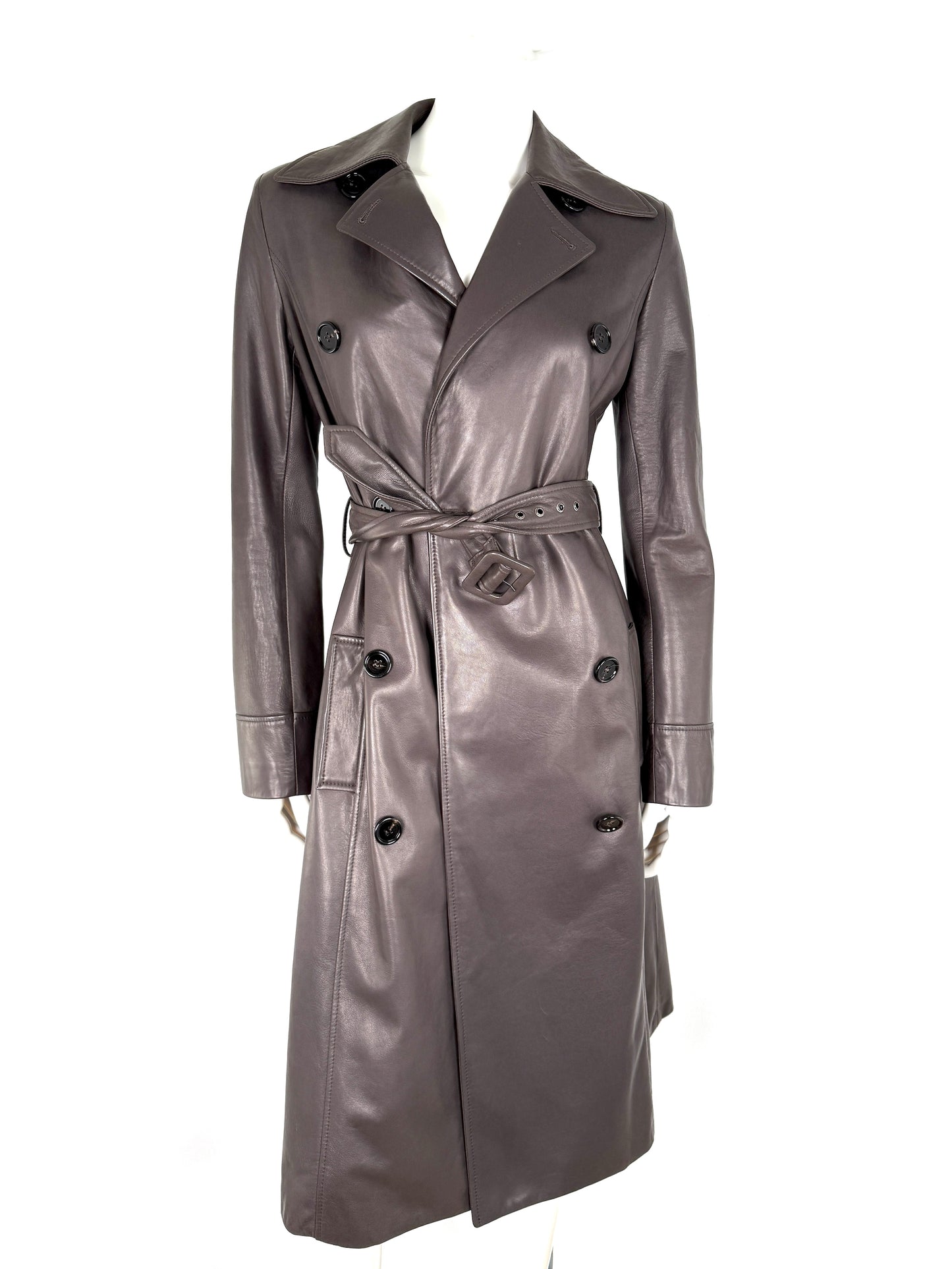 NWT Dolce & Gabbana Brown Long Collared Belted Long Leather Coat Jacket 40 4