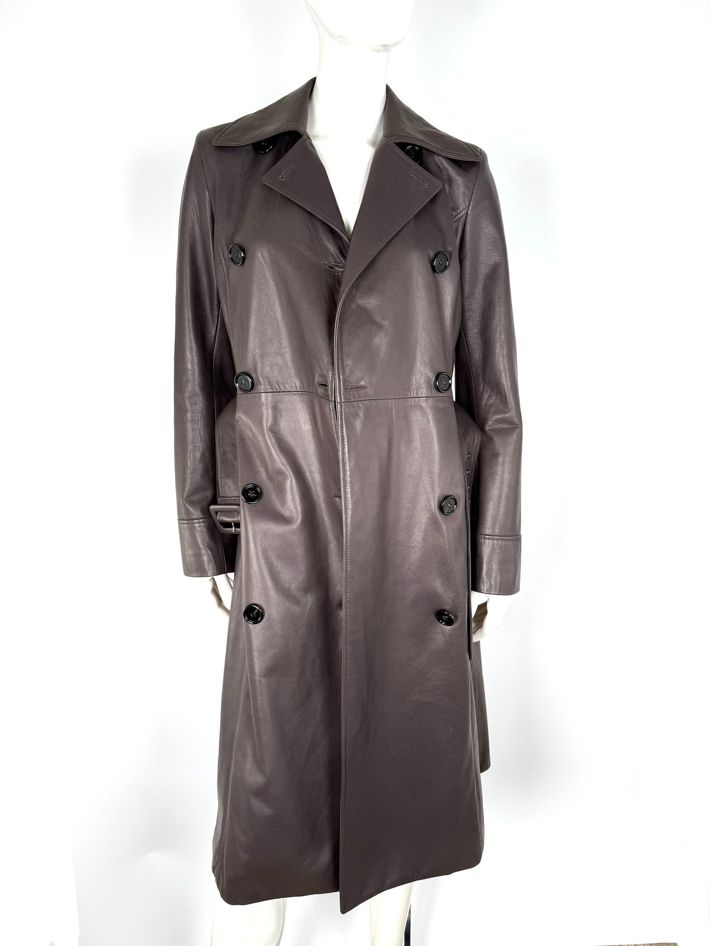 NWT Dolce & Gabbana Brown Long Collared Belted Long Leather Coat Jacket 40 4