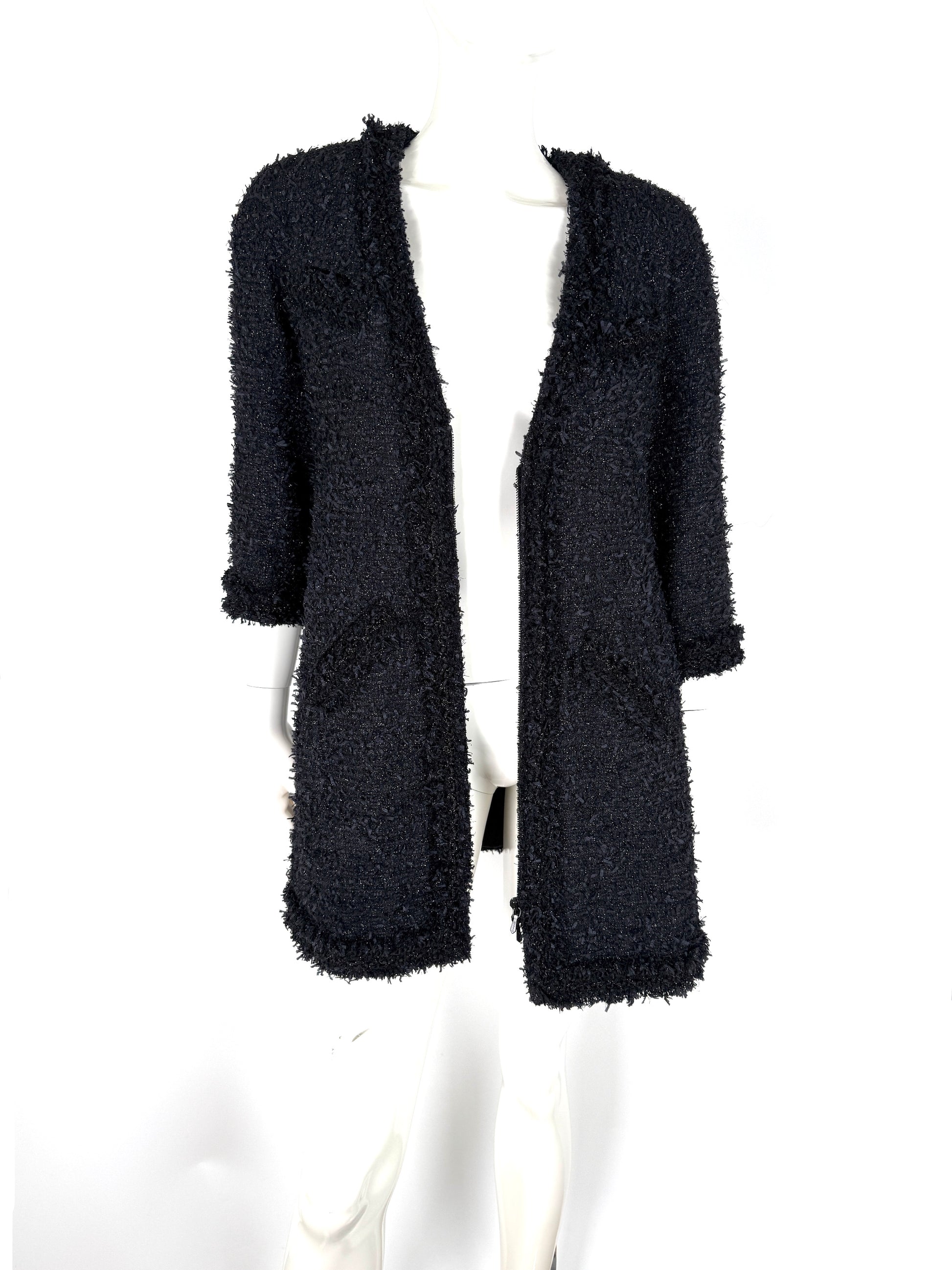 CHANEL Black Sparkly Tweed Zip 3/4 Sleeve V Neck Long Coat Jacket 40 6