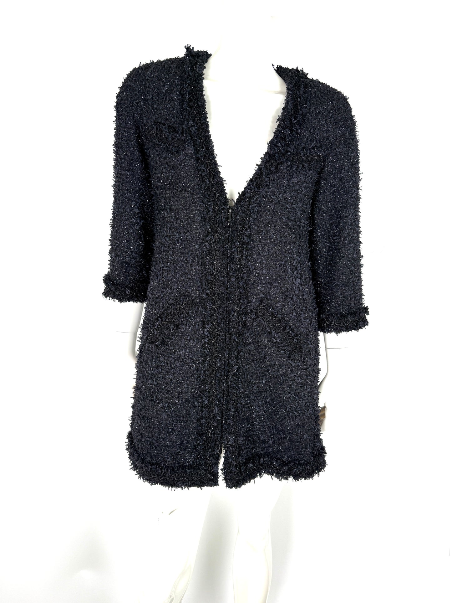 CHANEL Black Sparkly Tweed Zip 3/4 Sleeve V Neck Long Coat Jacket 40 6