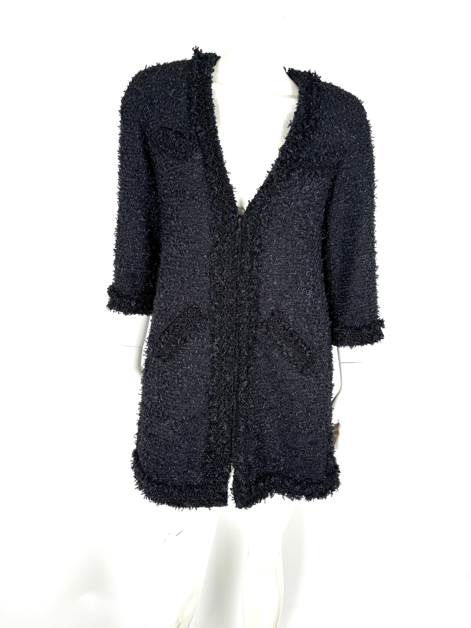 CHANEL Black Sparkly Tweed Zip 3/4 Sleeve V Neck Long Coat Jacket 40 6