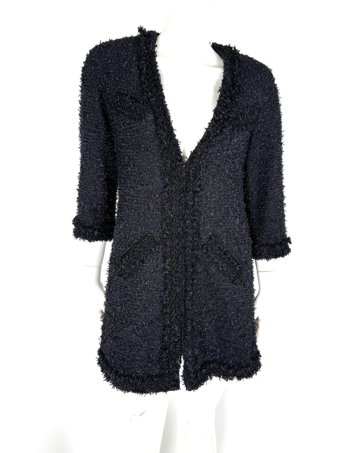 CHANEL Black Sparkly Tweed Zip 3/4 Sleeve V Neck Long Coat Jacket 40 6