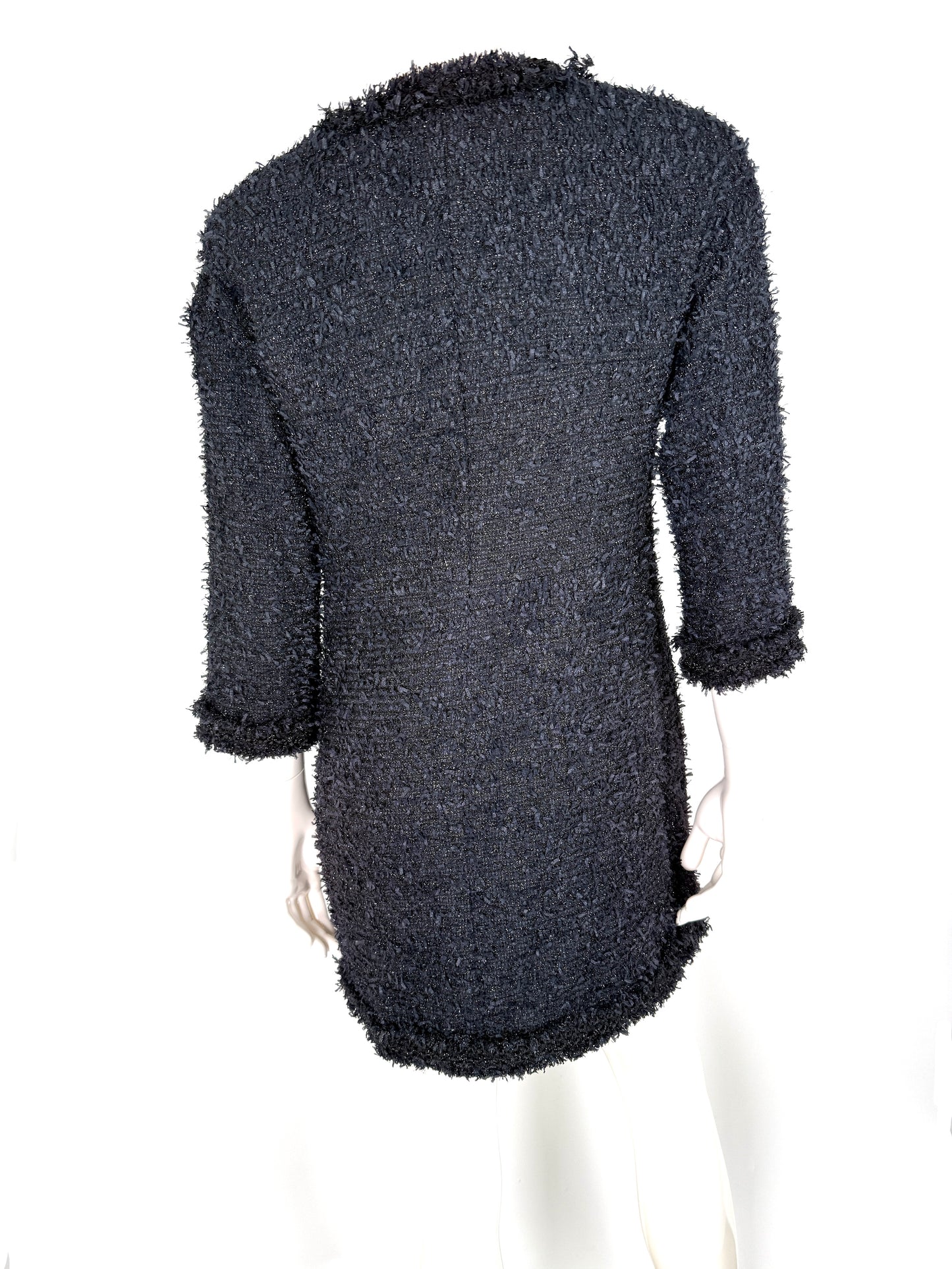 CHANEL Black Sparkly Tweed Zip 3/4 Sleeve V Neck Long Coat Jacket 40 6