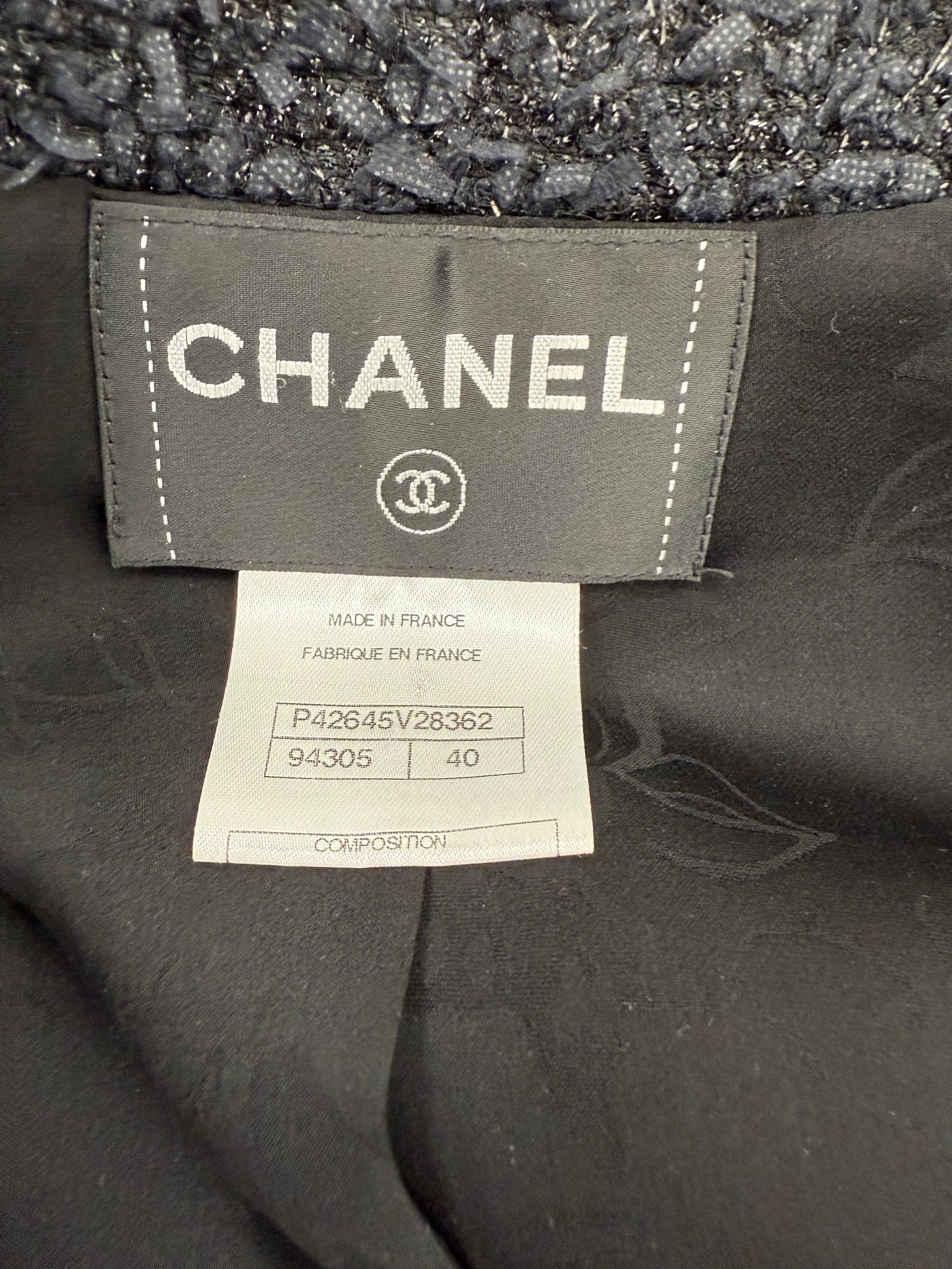 CHANEL Black Sparkly Tweed Zip 3/4 Sleeve V Neck Long Coat Jacket 40 6