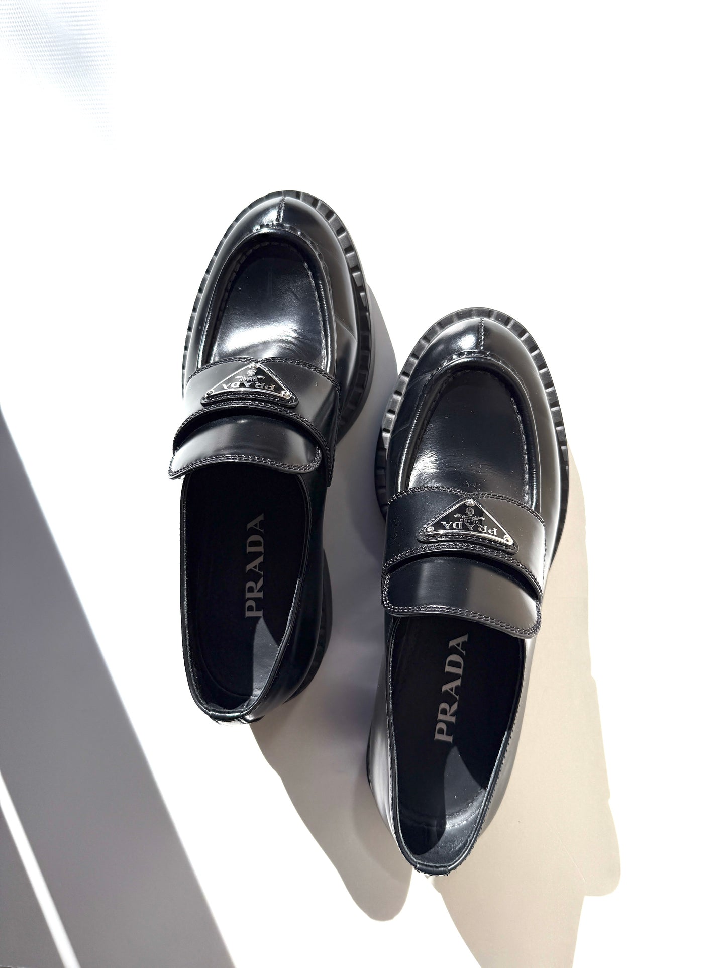 PRADA Metal Enameled Triangle Leather Platform Loafers Black Shoes 38, 8