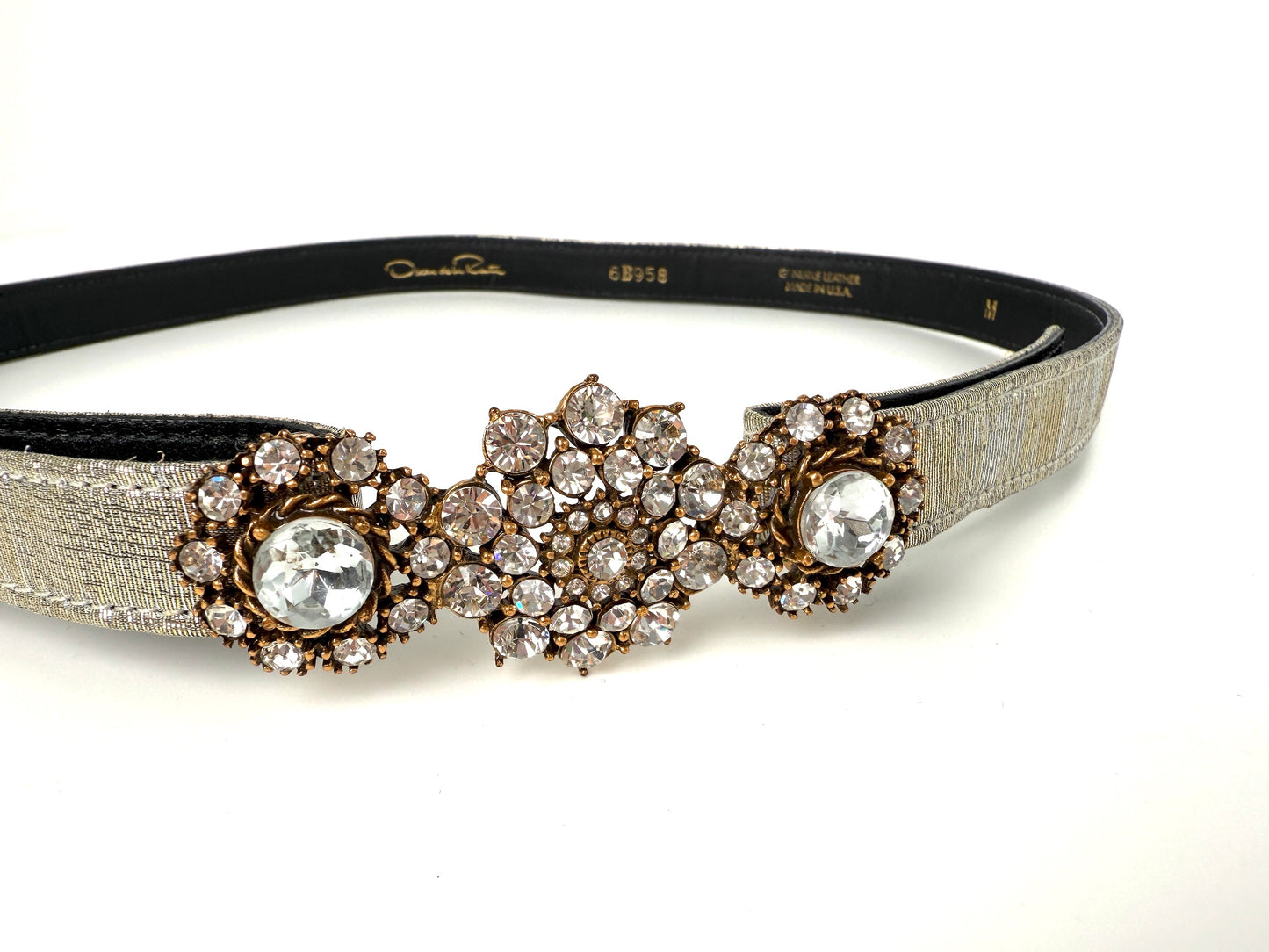 Oscar de la Renta Embellished Brocade Silver Metallic Satin Belt M