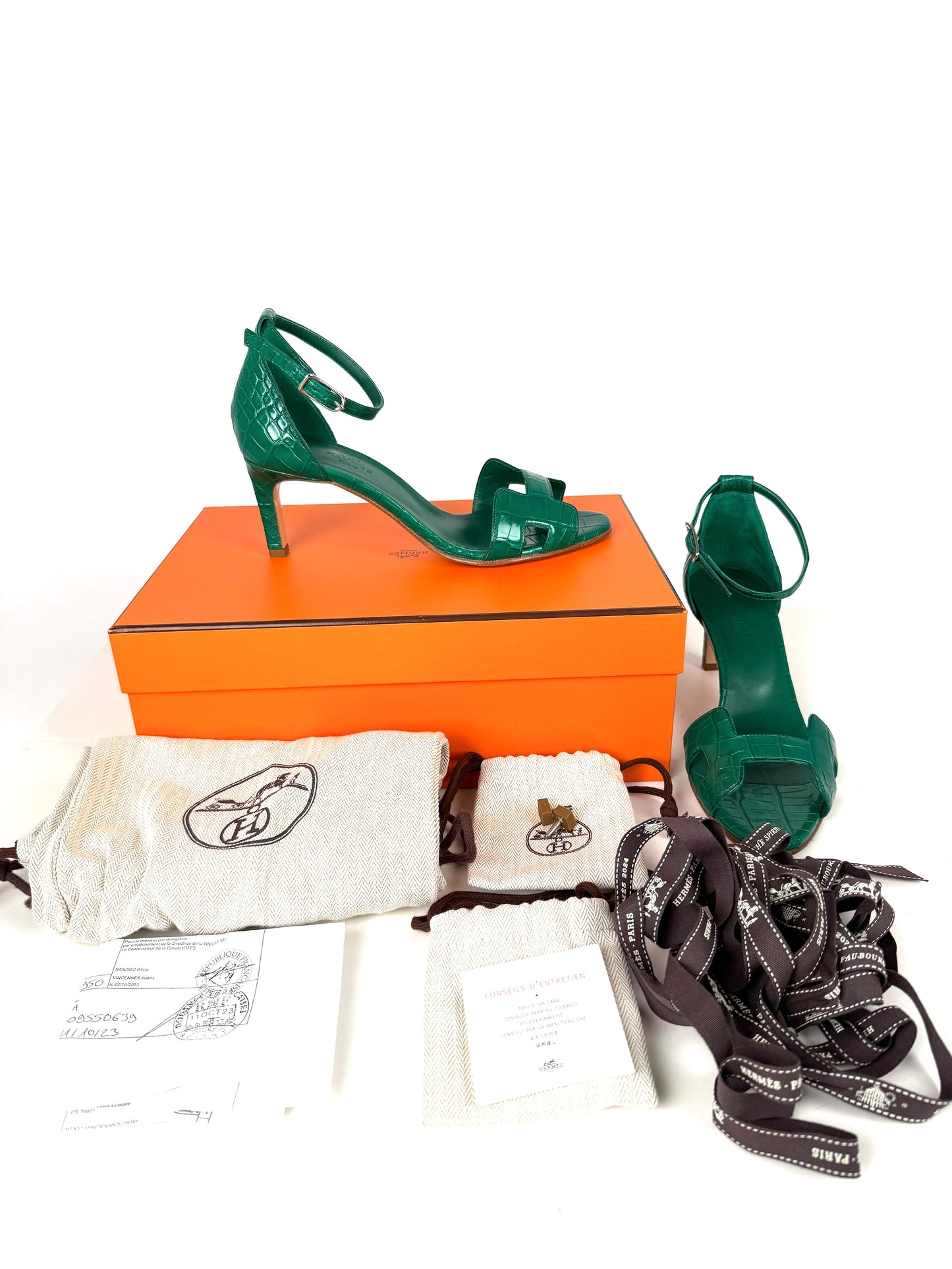 HERMES Joy 70 Special Order Green Shiny Mississippiensis Alligator Sandals Heels 37 6.5