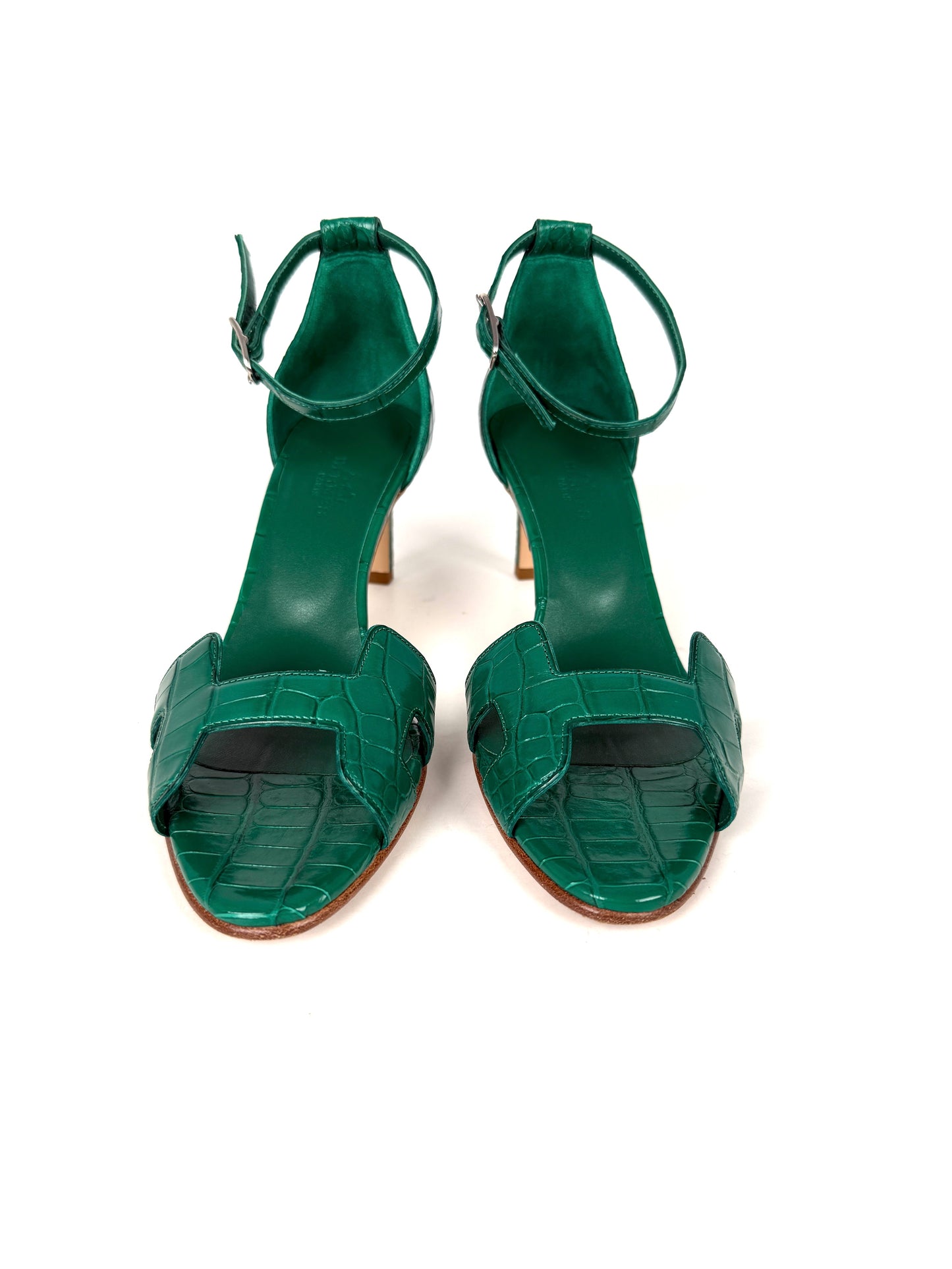 HERMES Joy 70 Special Order Green Shiny Mississippiensis Alligator Sandals Heels 37 6.5