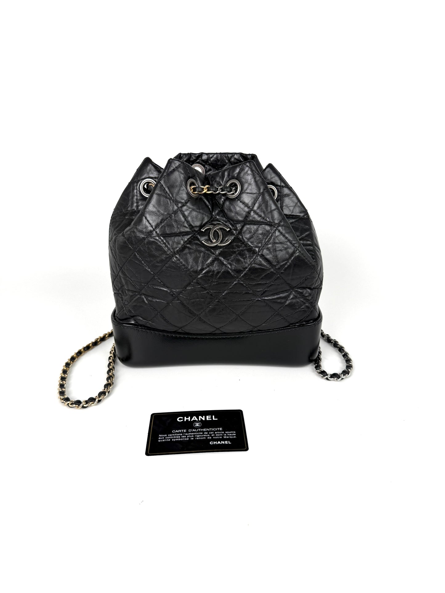 CHANEL Gabrielle Small Quilted Aged Calfskin Leather Black Backpack Bag