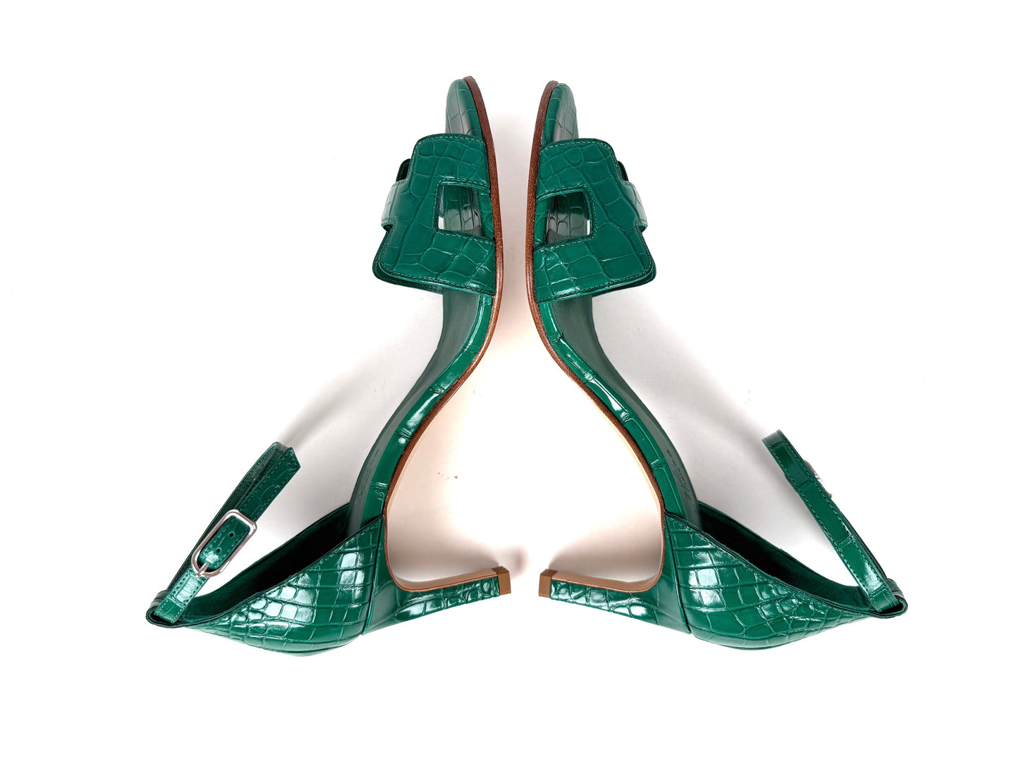 HERMES Joy 70 Special Order Green Shiny Mississippiensis Alligator Sandals Heels 37 6.5