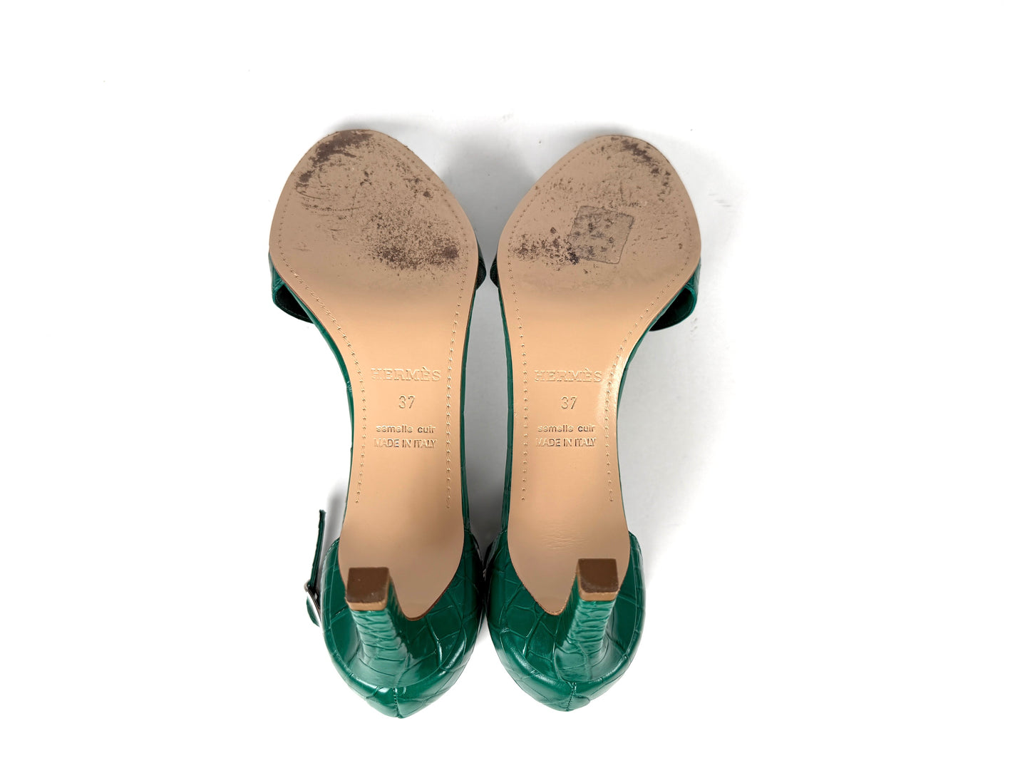 HERMES Joy 70 Special Order Green Shiny Mississippiensis Alligator Sandals Heels 37 6.5