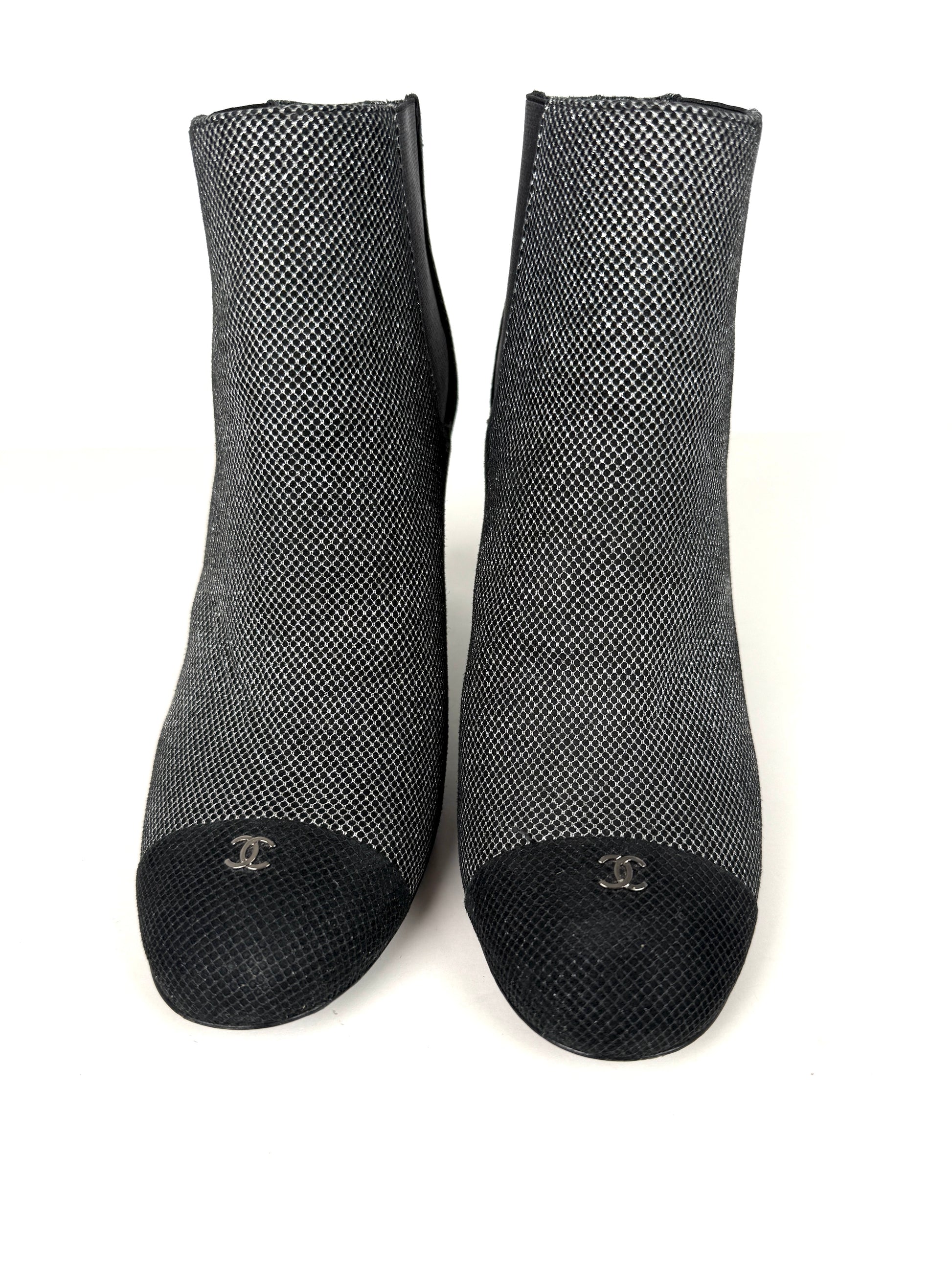 CHANEL Black Silver Tweed CC Logo Ankle Booties Boots 40 9.5