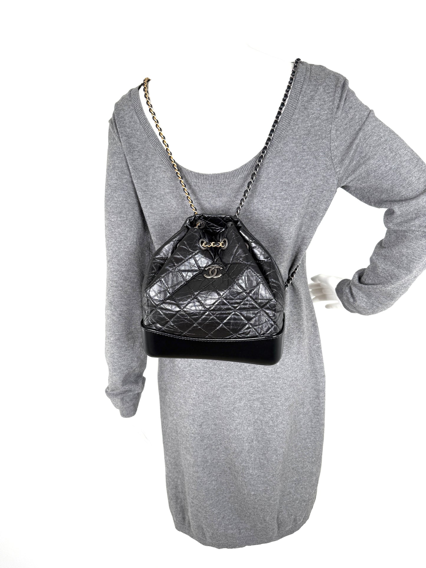 CHANEL Gabrielle Small Quilted Aged Calfskin Leather Black Backpack Bag