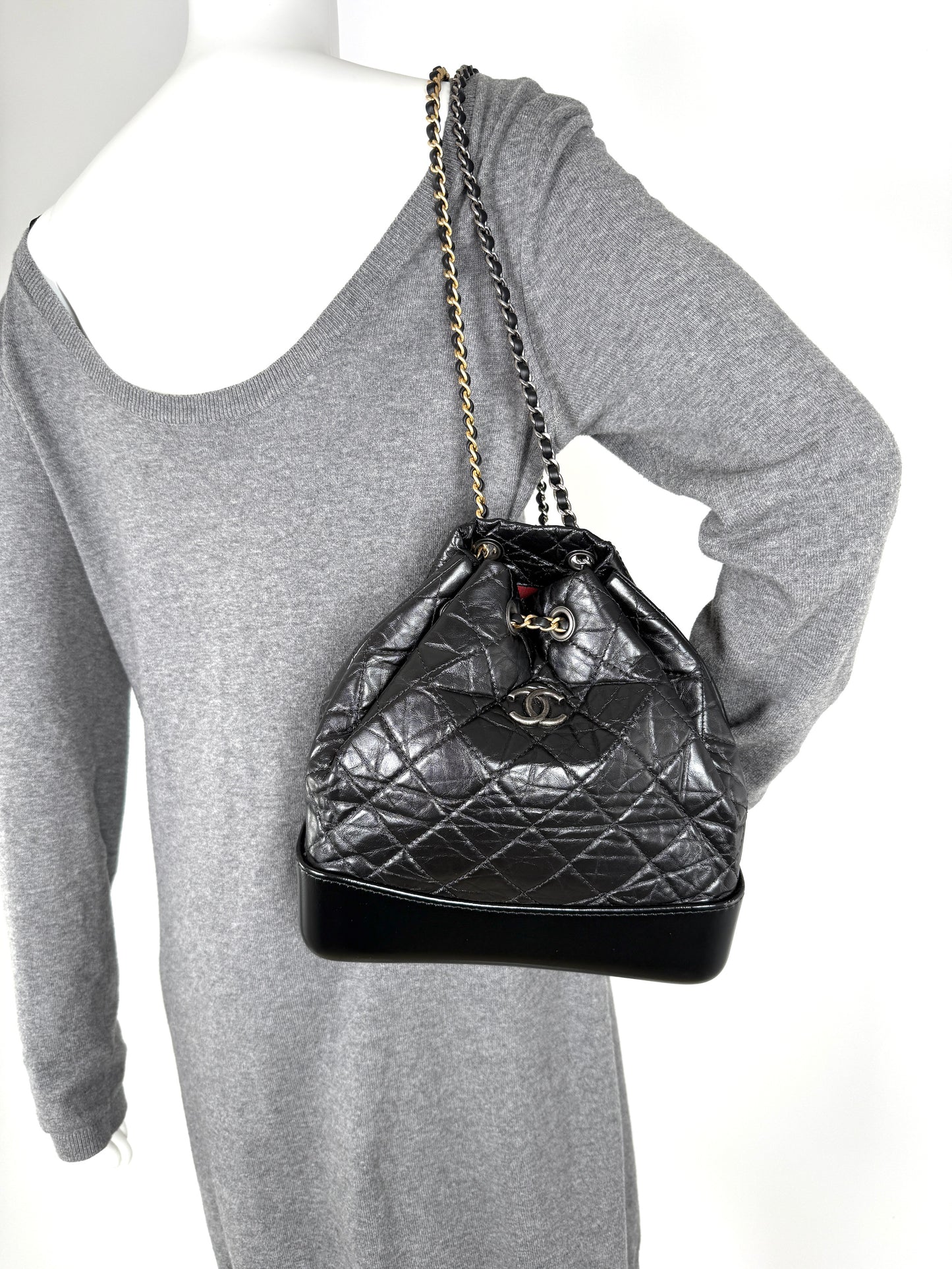 CHANEL Gabrielle Small Quilted Aged Calfskin Leather Black Backpack Bag