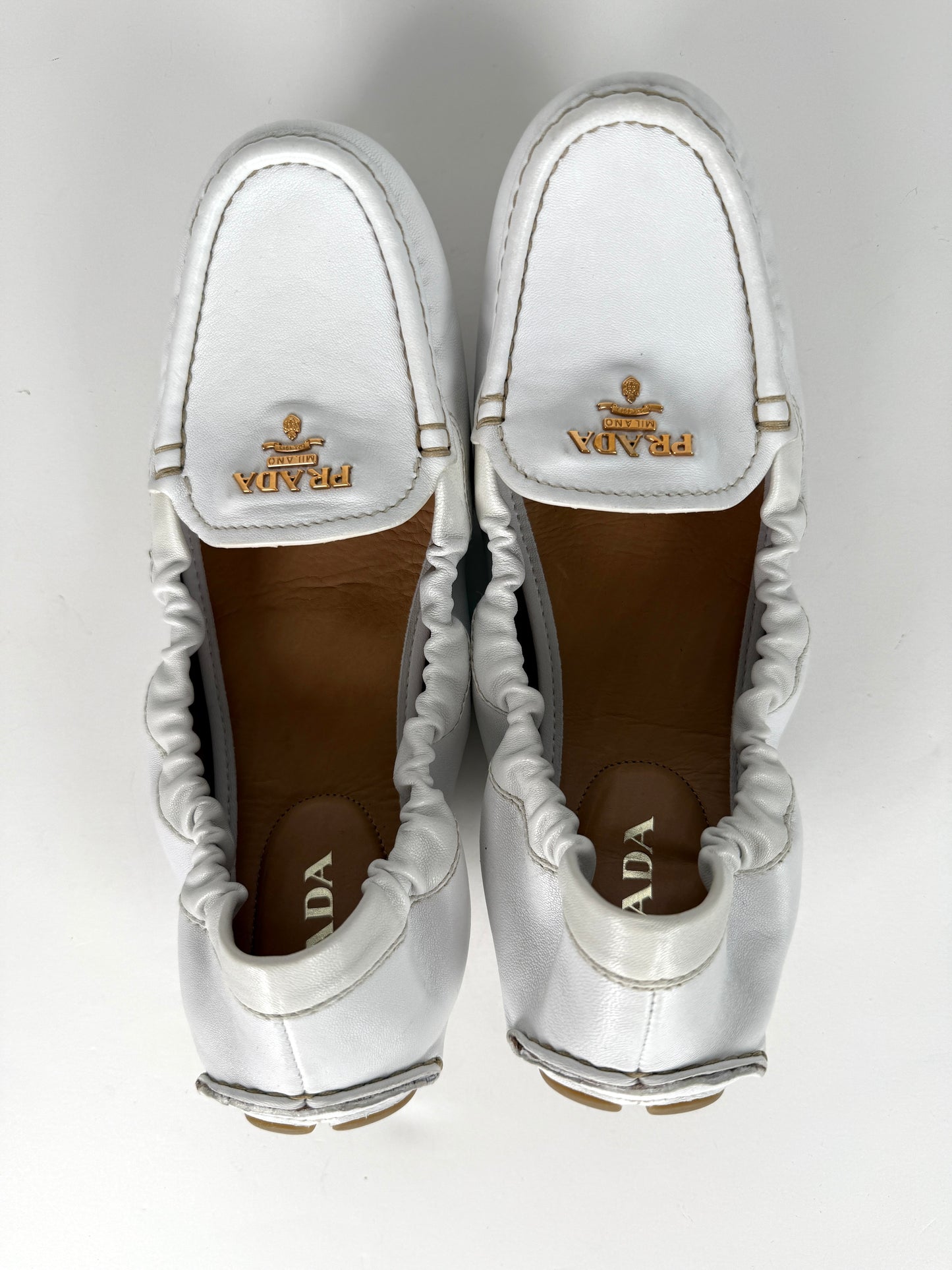 Prada White Leather Drivers Flats Shoes 39.5 9.5