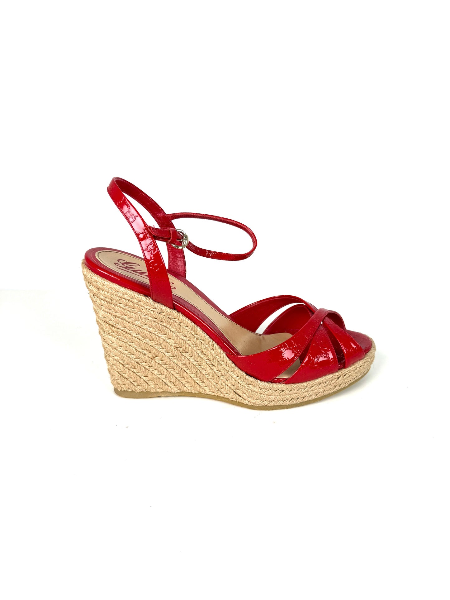 Gucci Micro GG Red Patent Leather Platform Wedge Sandals Heels 39.5 9.5