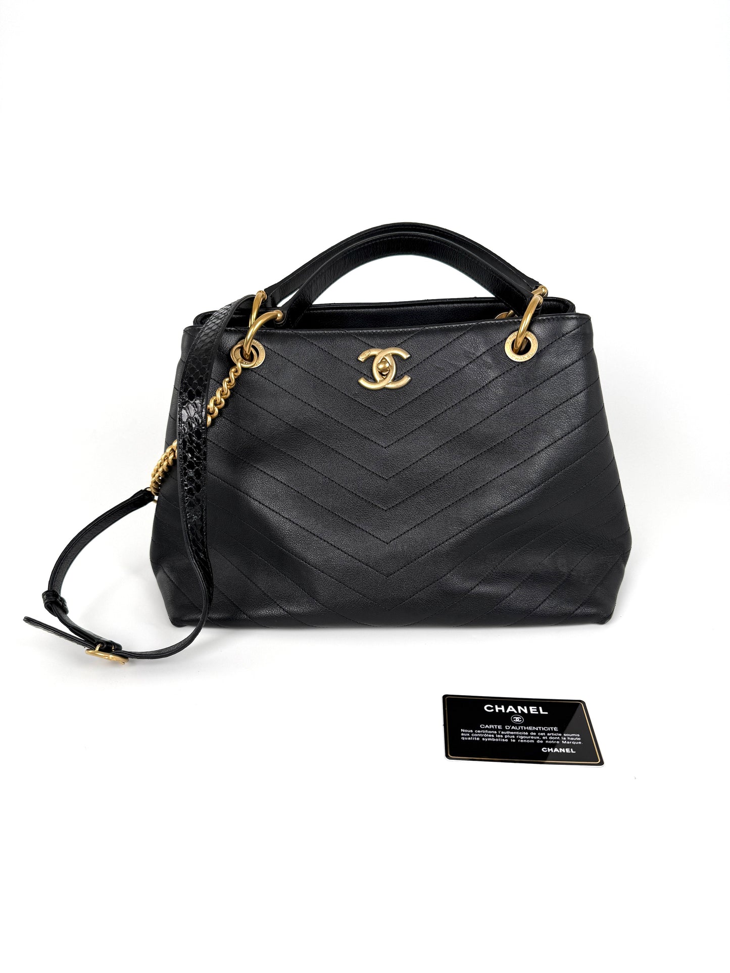 CHANEL Large Chevron Stitched Chic Shopping Black Calfskin Leather Snakeskin Tote Bag