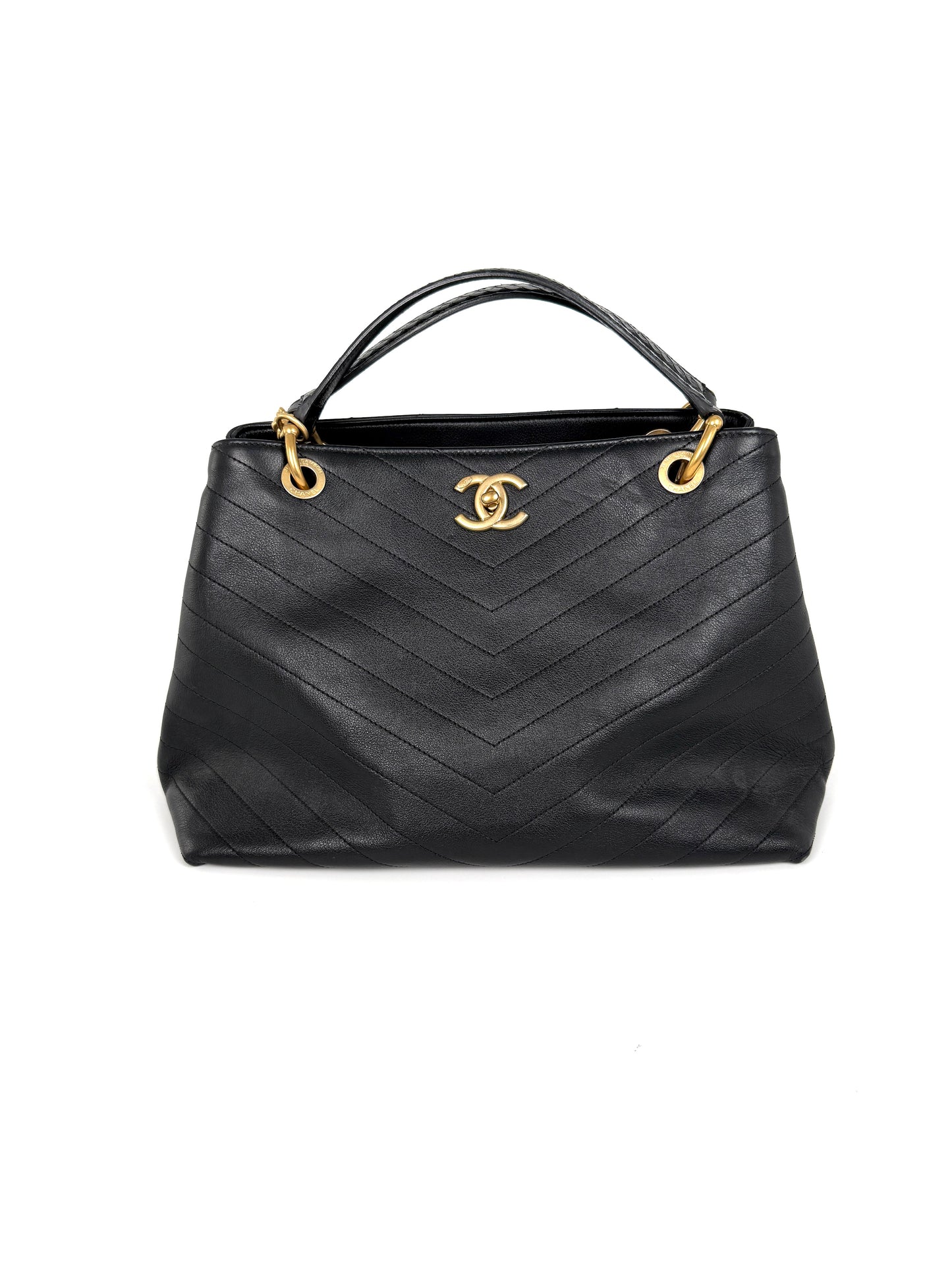 CHANEL Large Chevron Stitched Chic Shopping Black Calfskin Leather Snakeskin Tote Bag