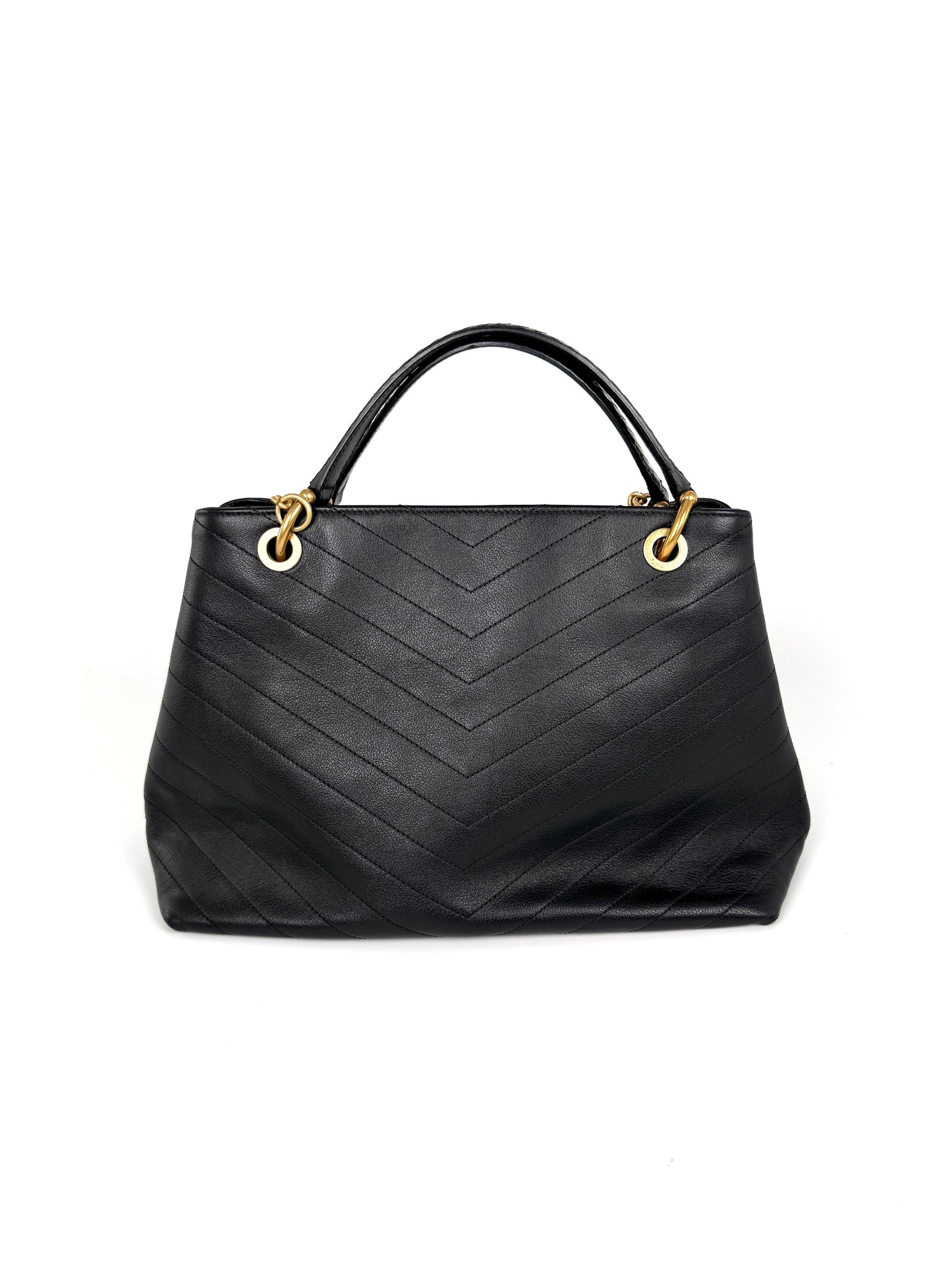 CHANEL Large Chevron Stitched Chic Shopping Black Calfskin Leather Snakeskin Tote Bag