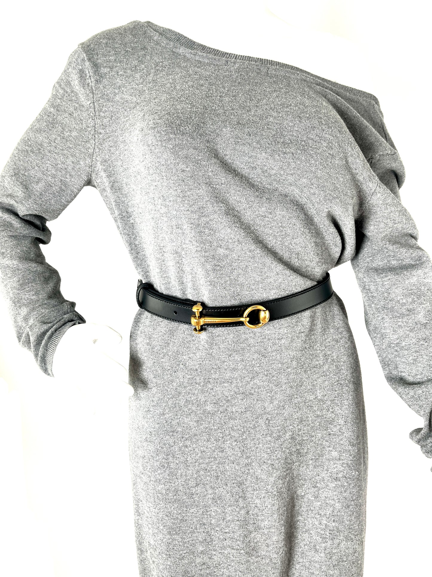 Gucci Hasler Black Horsebit Leather Skinny Belt 90 36