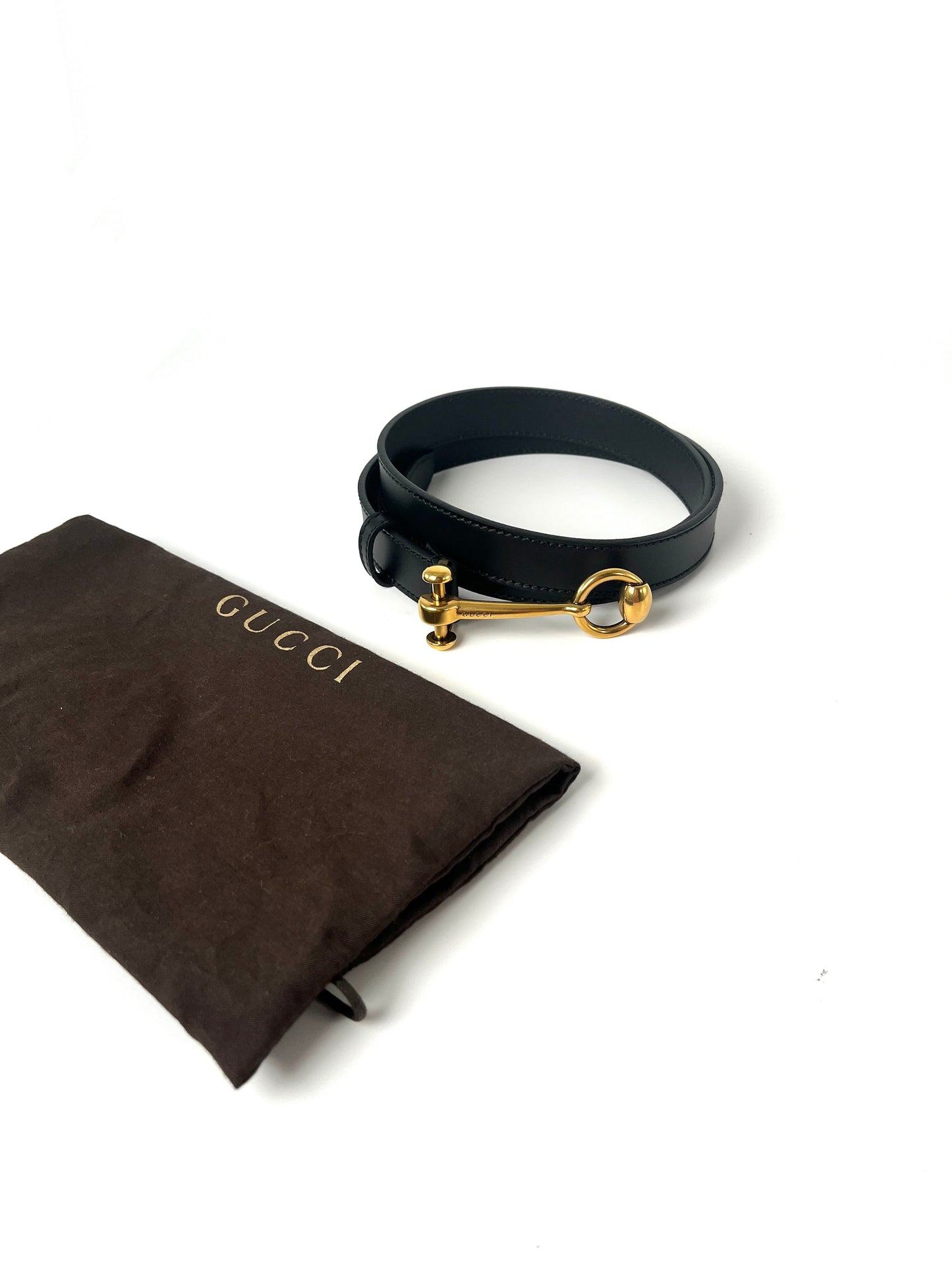 Gucci Hasler Black Horsebit Leather Skinny Belt 90 36