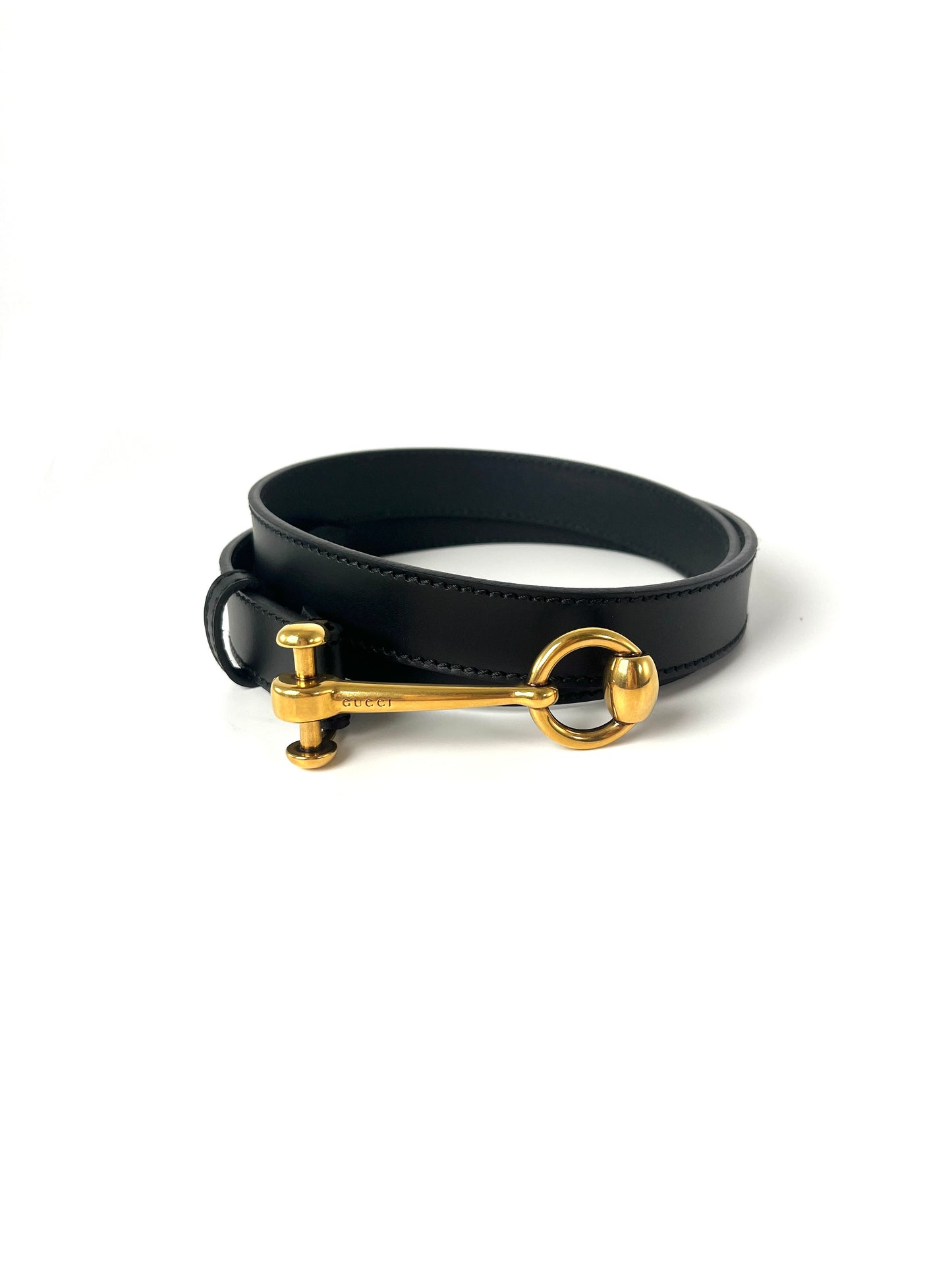 Gucci Hasler Black Horsebit Leather Skinny Belt 90 36