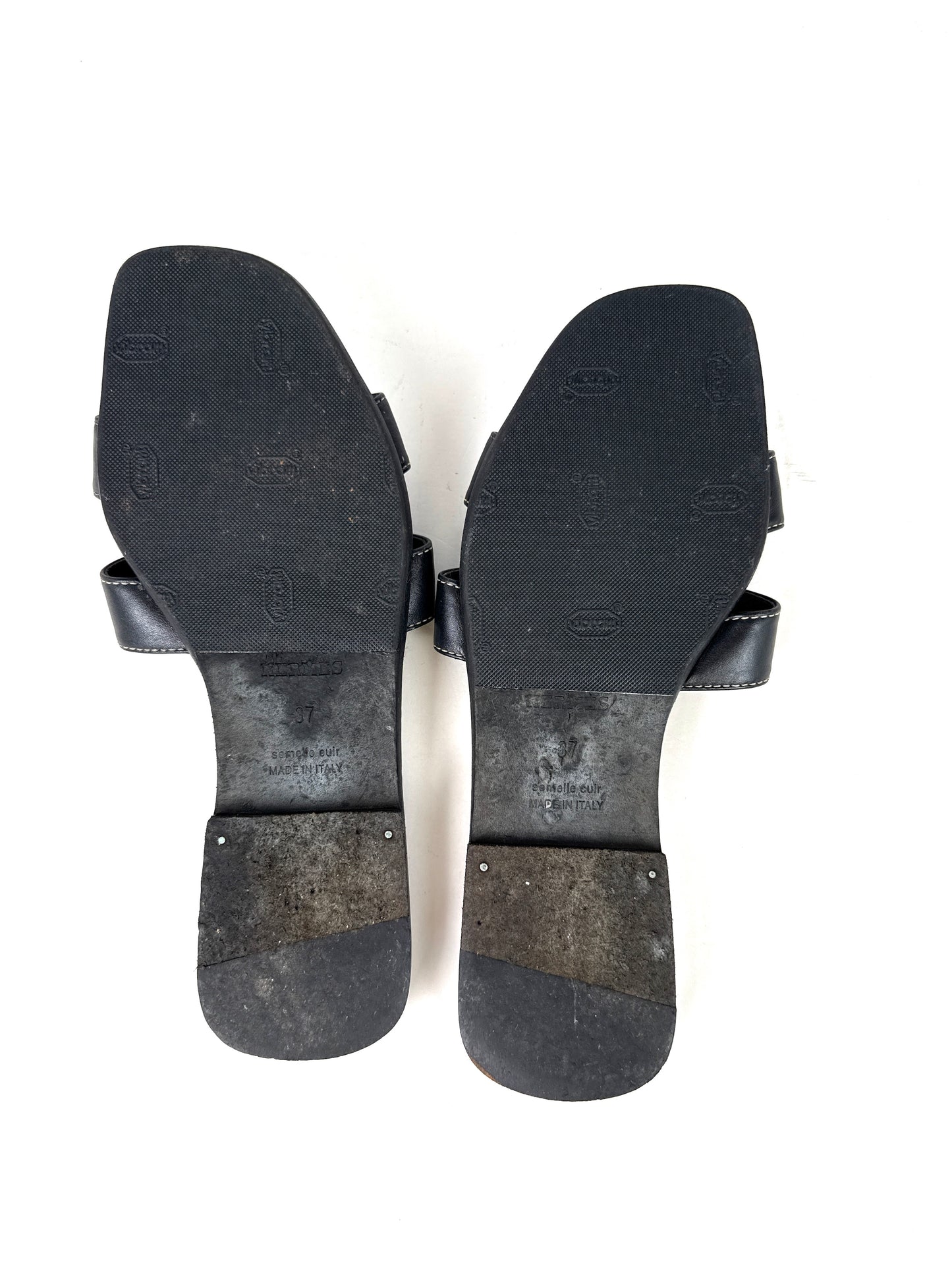 Hermes Vintage Oran Black Leather Slip on Slide Sandals 37, 6.5