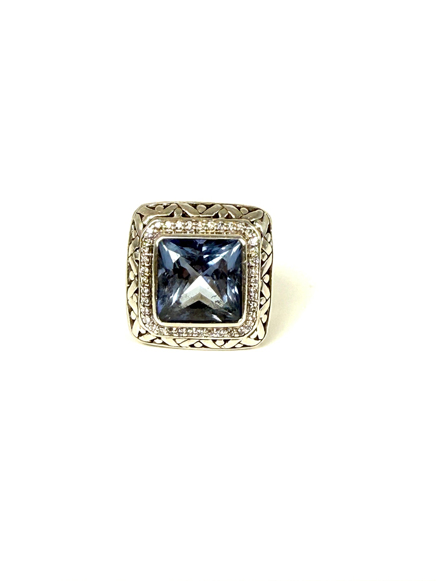 John Hardy Batu Sari Blue Topaz Diamond Large Gold Sterling Silver Square Ring 7.25