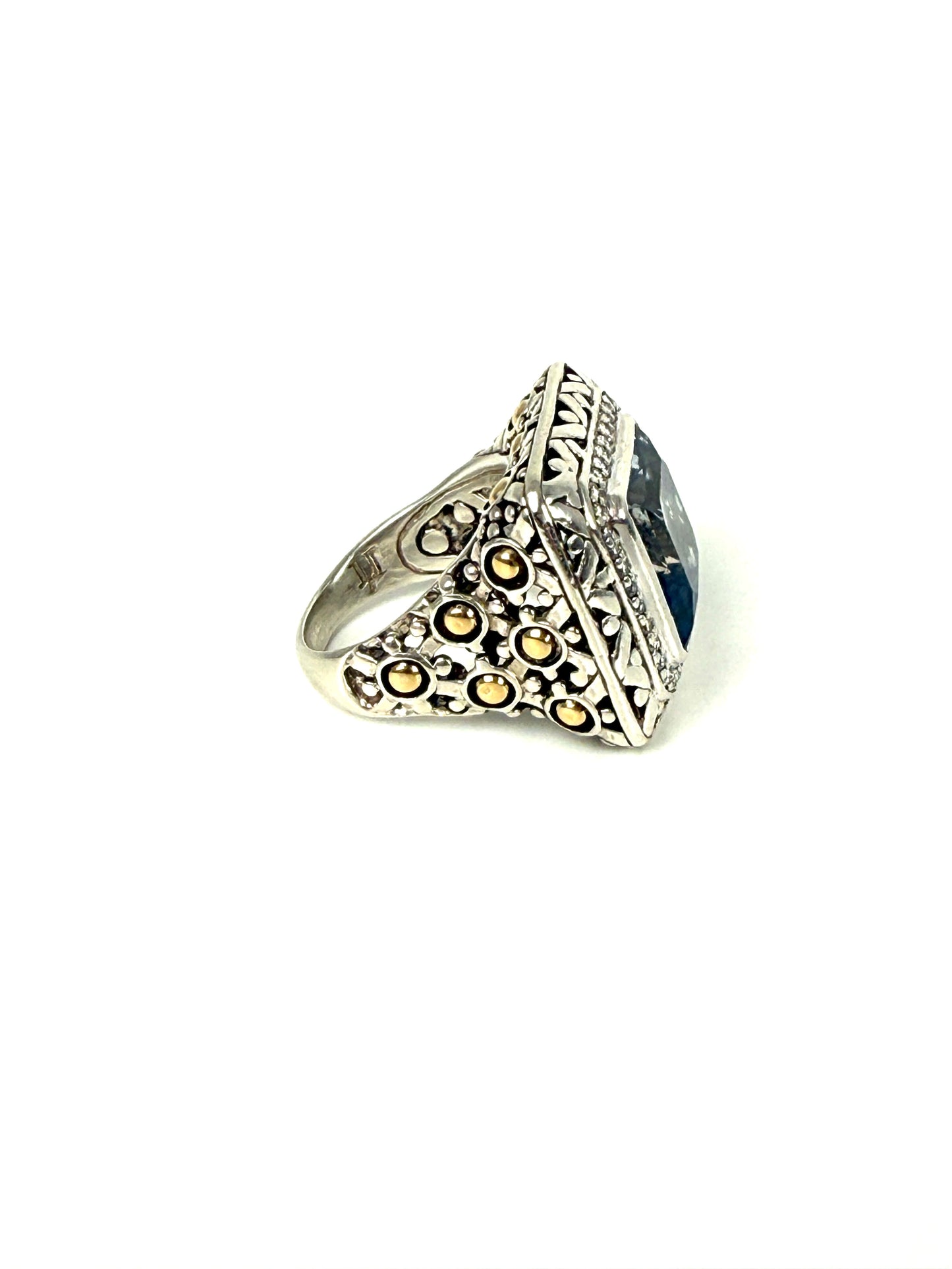 John Hardy Batu Sari Blue Topaz Diamond Large Gold Sterling Silver Square Ring 7.25