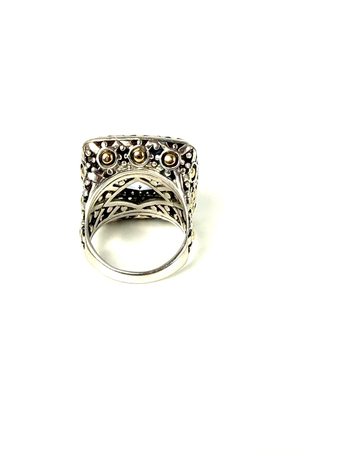 John Hardy Batu Sari Blue Topaz Diamond Large Gold Sterling Silver Square Ring 7.25