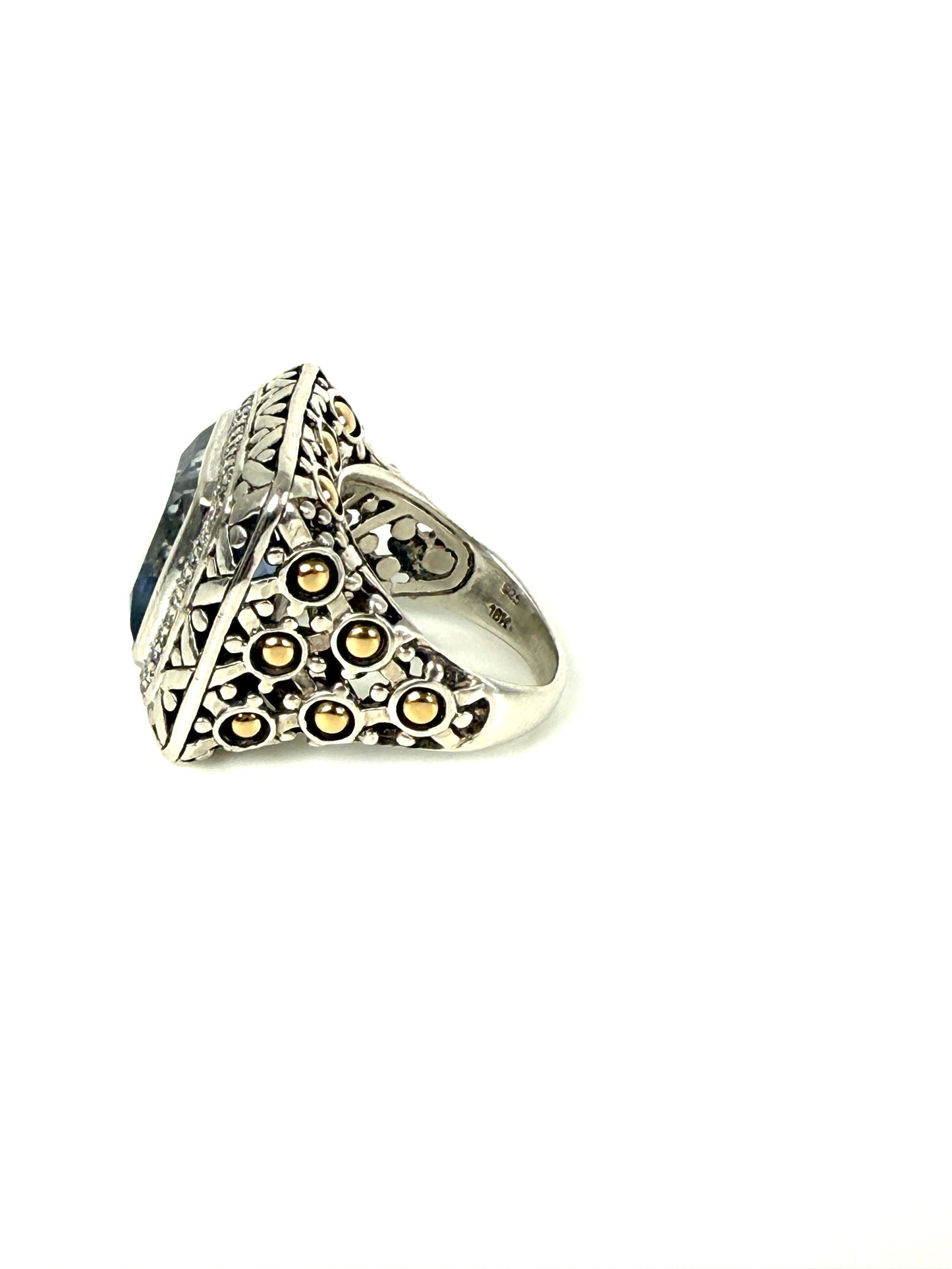 John Hardy Batu Sari Blue Topaz Diamond Large Gold Sterling Silver Square Ring 7.25